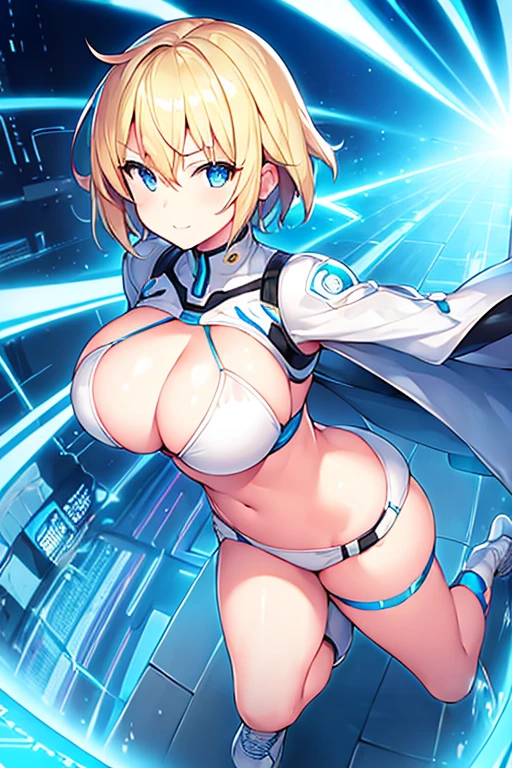 1girl, breasts, wide hips, large breasts, blonde hair, short hair, very short hair, hair, blue eyes, light smile, bikini, white bikini, futuristic, tech, machinery, science-fiction, hourglass figure, shoes, sneakers, neon trim, blue neon trim, neon, car, sports car, sport car