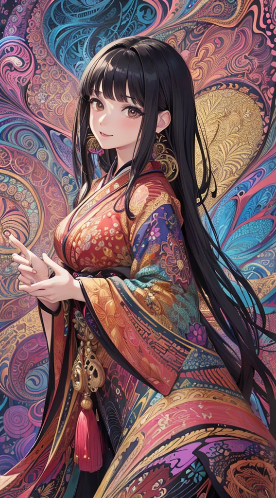 (masterpiece, top quality, best quality, official art, beautiful and aesthetic:1.2), (1girl:1.3), extremely detailed,(fractal art:1.1),(colorful:1.1),highest detailed,(zentangle:1.2), (dynamic pose), (abstract background:1.5), (japanese dress:1.2), (shiny skin), (many colors:1.4), ,(earrings:1.4), (black hair), (slightly smile), (sweet)