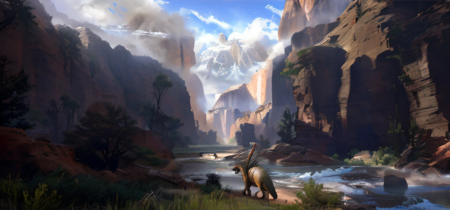 There is a dinosaur in the middle, Concept art 8k resolution, Concept art 8k resolution, 4 k resolution concept art, epic landscapes, 8k resolution concept art, 4k concept art, Detailed 4K concept art, 4k concept art, Red Dead Redemption：Redemption：redemption art style, Amazing Cleavage! concept-art, 8k hd concept art