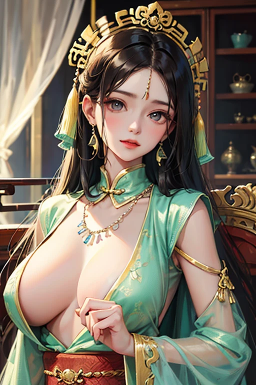 Chinese transparent silk dress, hair adornments, necklace, jewelry, Long hair, Earrings, Chinese clothes, Big boobs