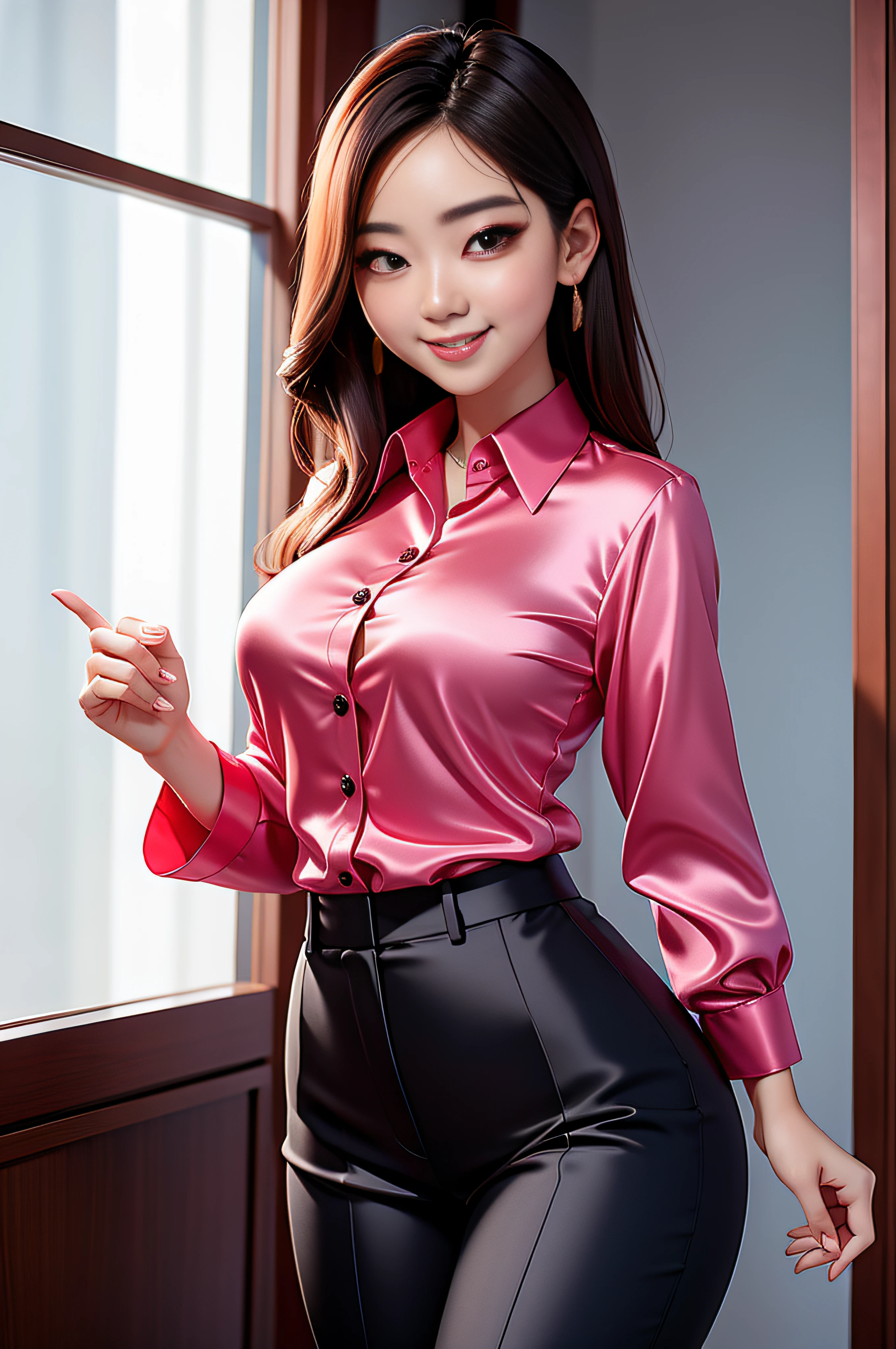 Beautiful Korean woman, masterpiece, smiling, seductive, office wear, wearing office clothes, silk blouse, tight silk work pants, thick thighs, large breasts, silk clothes, sexy pose