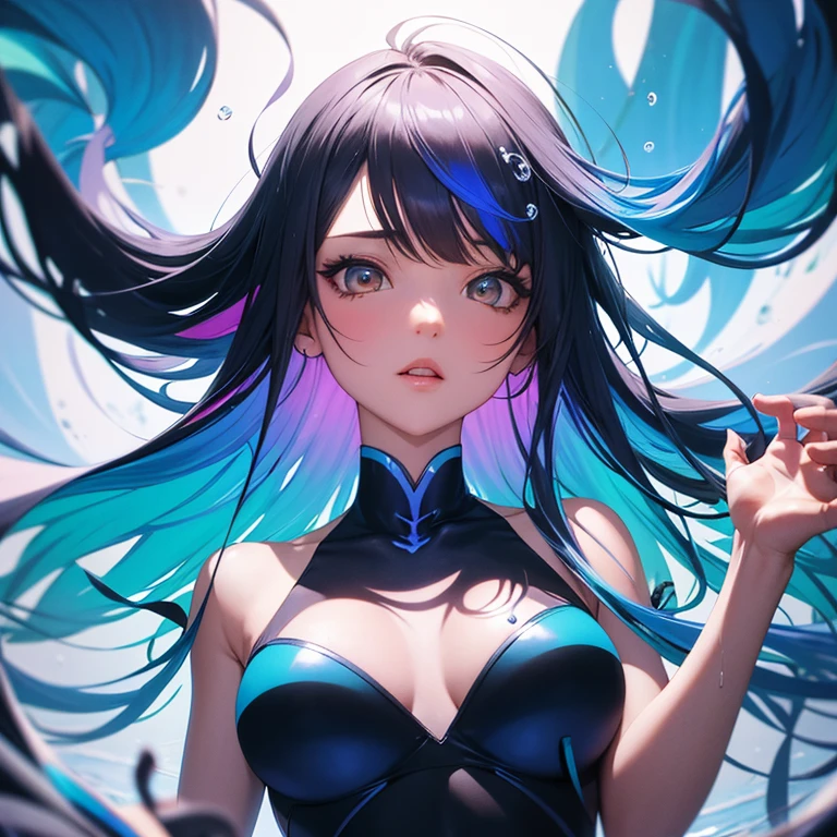 (ultra detailed,ultra high res,detailed background),((2D)),((flat color)),((colorful)),((floating colorful water)),1girl,solo,looking at viewer,BREAK