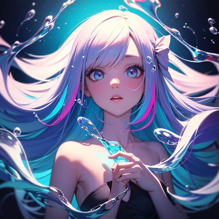 (ultra detailed,ultra high res,detailed background),((2D)),((flat color)),((colorful)),((floating colorful water)),1girl,solo,looking at viewer,BREAK