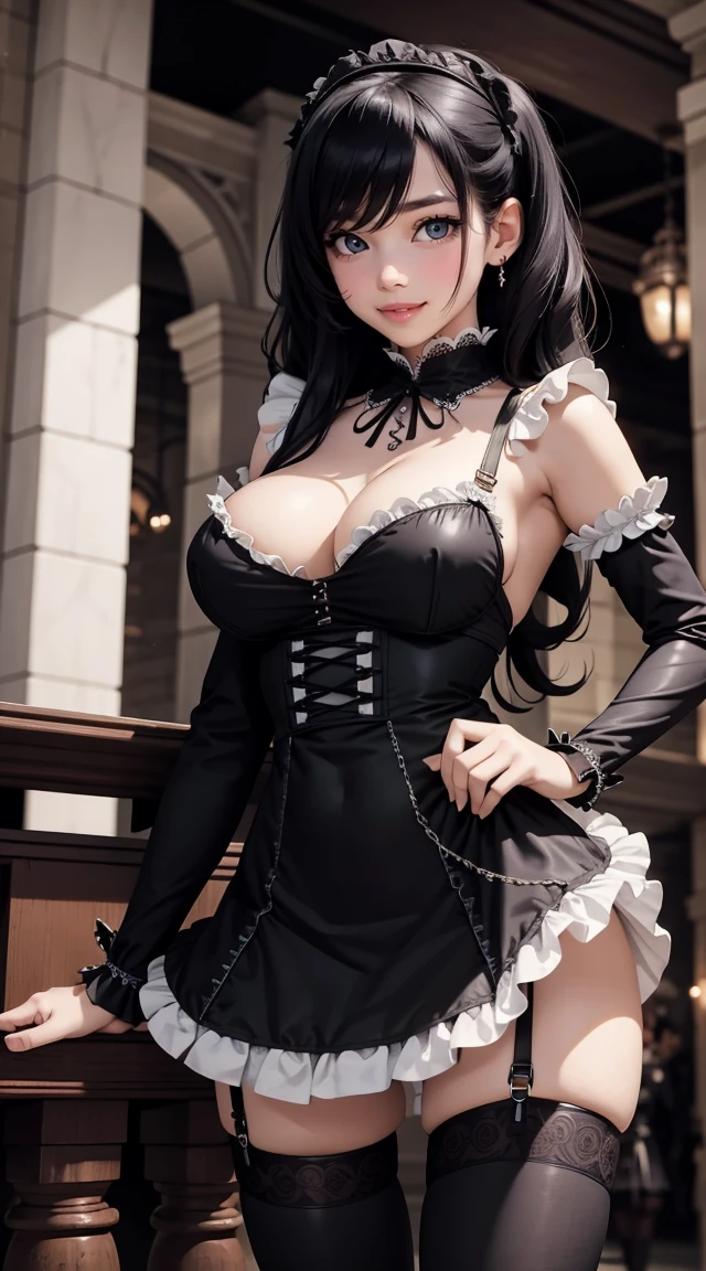 (masterpiece, best quality), 1 girl, curvaceous perfect body, nice breasts, wavy hair, pastel goth, gothic victorian maid minidress with intricate details, straps, leather, frills, thighhighs, busy convention hall with elaborate details, standing pose, contrapposto, afternoon