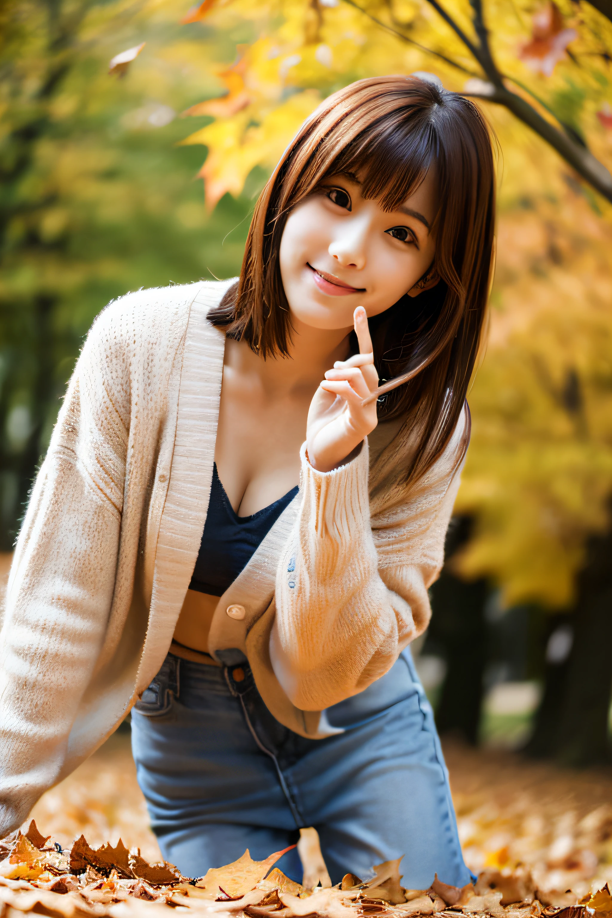 (masutepiece), raw, Photorealistic, Amazingly beautiful and cute Japanese women, 25 years old, gesture: Single-lens reflex camera operation, Scenery: under the autumn leaves tree, Hairstyle: Red hair, Long to the shoulders, Eyes: looking downwards, Clothes: cardigan and jeans, Pose: Looking into the camera, Thematic direction: Sideways, Angle: From the waist to the upper body, ample copy space, expressioness: Happy expression, taste (precedence): photos realistic, quality: very detailed depiction, FULL ANATOMY, Lighting: Frontal lighting,