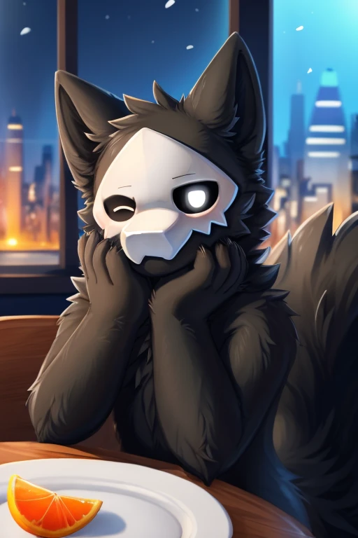 by chano, by cheesefries, by sanu, puro, (solo), anthro, male, slime boy, goo creature, black body, black fur, monotone fur, monotone body, white mask, black sclera, white eyes, black slime, glistening body, wolf ears, wolf tail, (huge fluffy tail), snout, thin, girly, femboy, fluffy fur, fluffy tail, sitting, sitting at table, table, (1 tail), fluffy, looking at viewer, indoors, window, glass wall, cyberpunk, cityscape view, hands on face, (wink, winking, one eye closed), snow, frost, detailed background, romantic, romantic ambiance, soft lighting, vignette, plate of oranges, glass of water, restaurant, warm lighting