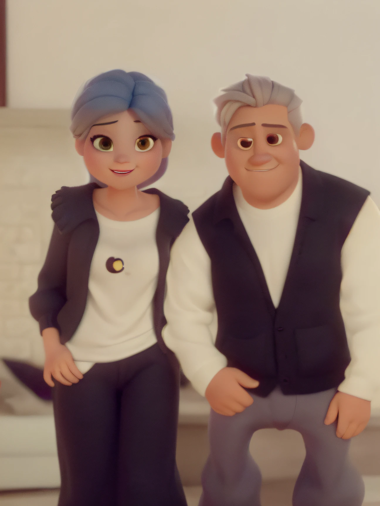 estilo disney pixar de una pareja de esposos de la adultos de nombre betty con cabello gris ondulado corto de ojos color miel grandes cara redonda con una sonrisa sutil de tes clara con una chompa de color crema un chaleco color negro pantalon negro zapatos clasicos de color negro modesto defrenteampliacararedonda poco cabello gris ojos rasgados de color miel gordito de camisa blanca chaleco negro pantalon plomo calzados negro ABRAZADOS
