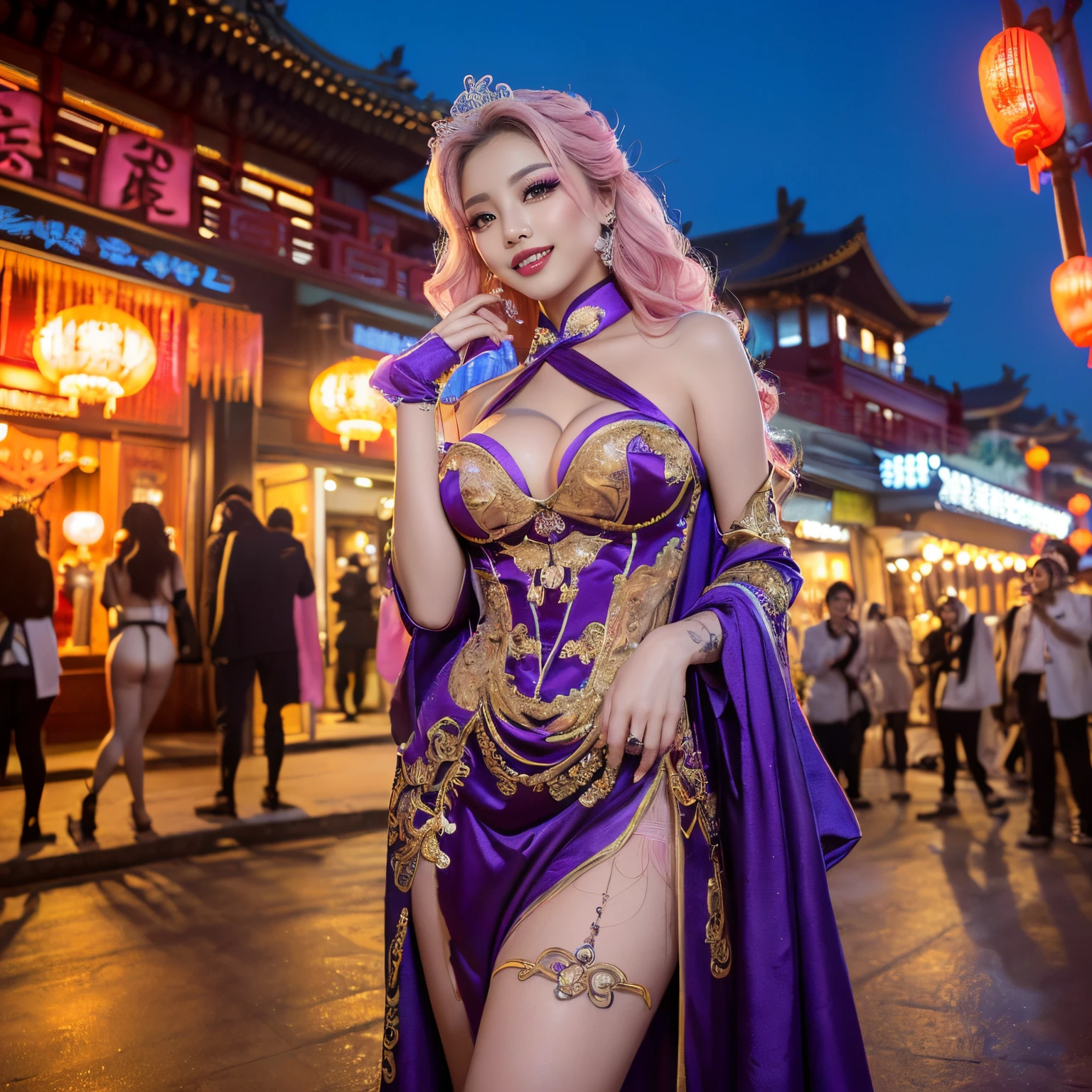 ((top-quality、masutepiece、8K、Top image quality、Highly complex and detailed depictions))、(Photos of the 3 most gorgeous Chinese prostitutes:1.5)、Chinese garrison house at night、((The most gorgeous Chinese prostitute's huge costume、the most vivid and luxurious costumes、big long costume、The most luxurious and huge garrison、An unimaginably luxurious garrison、purple and pink garrison、Take a photo with the huge and luxurious gurihouse in the background、Huge entertainment district late at night、Very complex decoration、very clear garrison))、(View me、Bewitching smile、Perfect makeup、long eyelashes、pink lipsticks、Pink eyeshadows、perfect anatomia、Biggest smile)、(A clear background of a huge garrison:1.3)