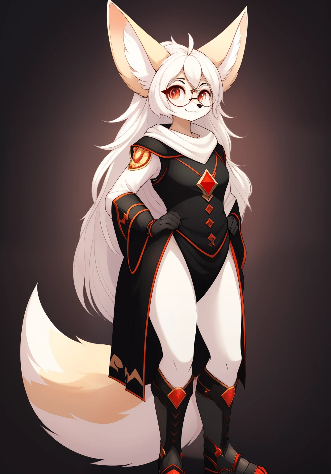 anthro, mommy female white fennec fox, solo, long white hair, red eyes, fangs, full body, one big tail, dark background. dark priest with balck and red cloack, third eye, round glasses, full body