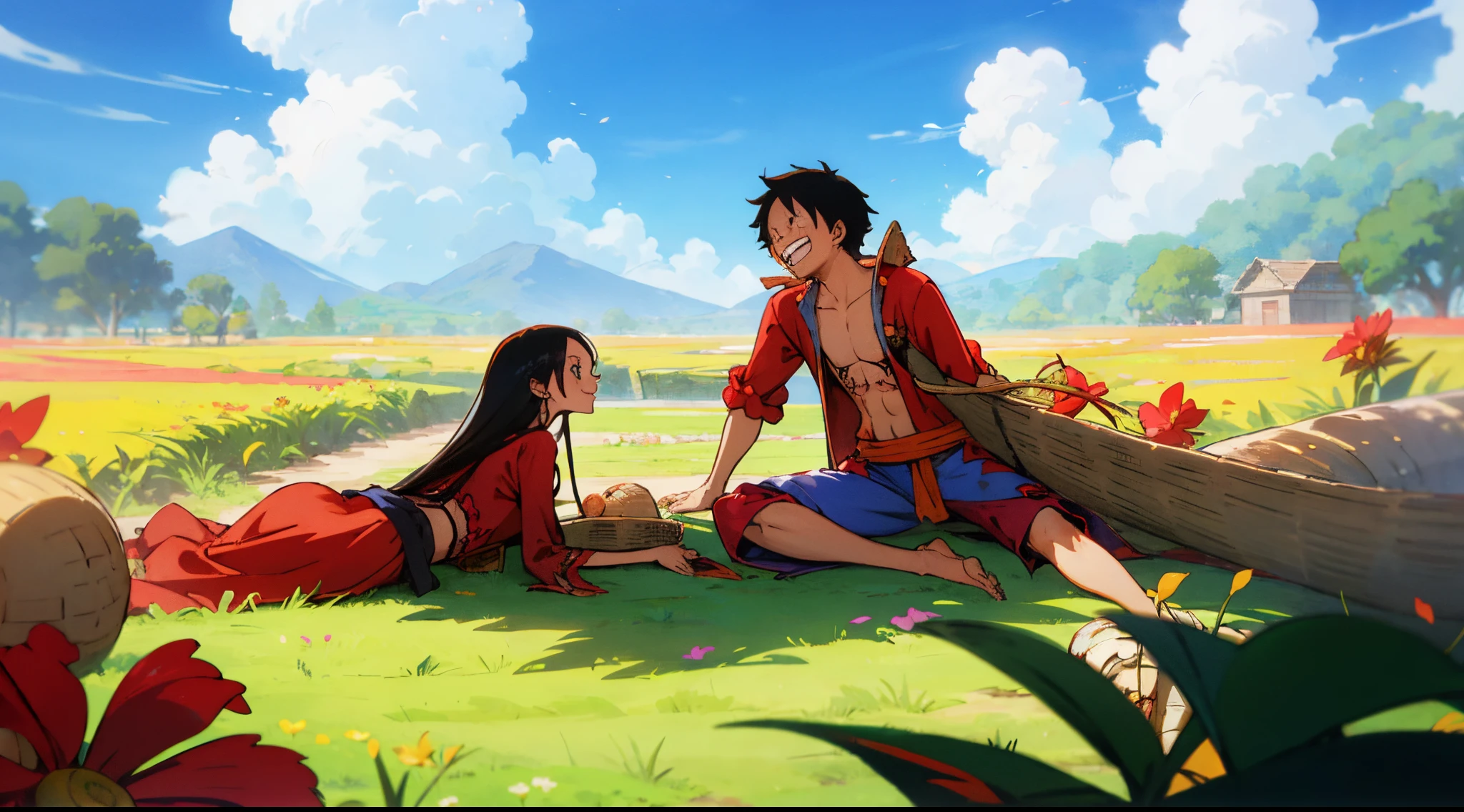 couple, Monkey d Luffy, Boa Hancock, 1girl, 1boy, laying on the grass, smile, laugh, romantic atmosphere, behind the flower, flower field, blue sky, landscape, onepiece