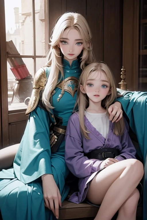 A purple wolf is sitting next to a blonde haired female knight with teal eyes.