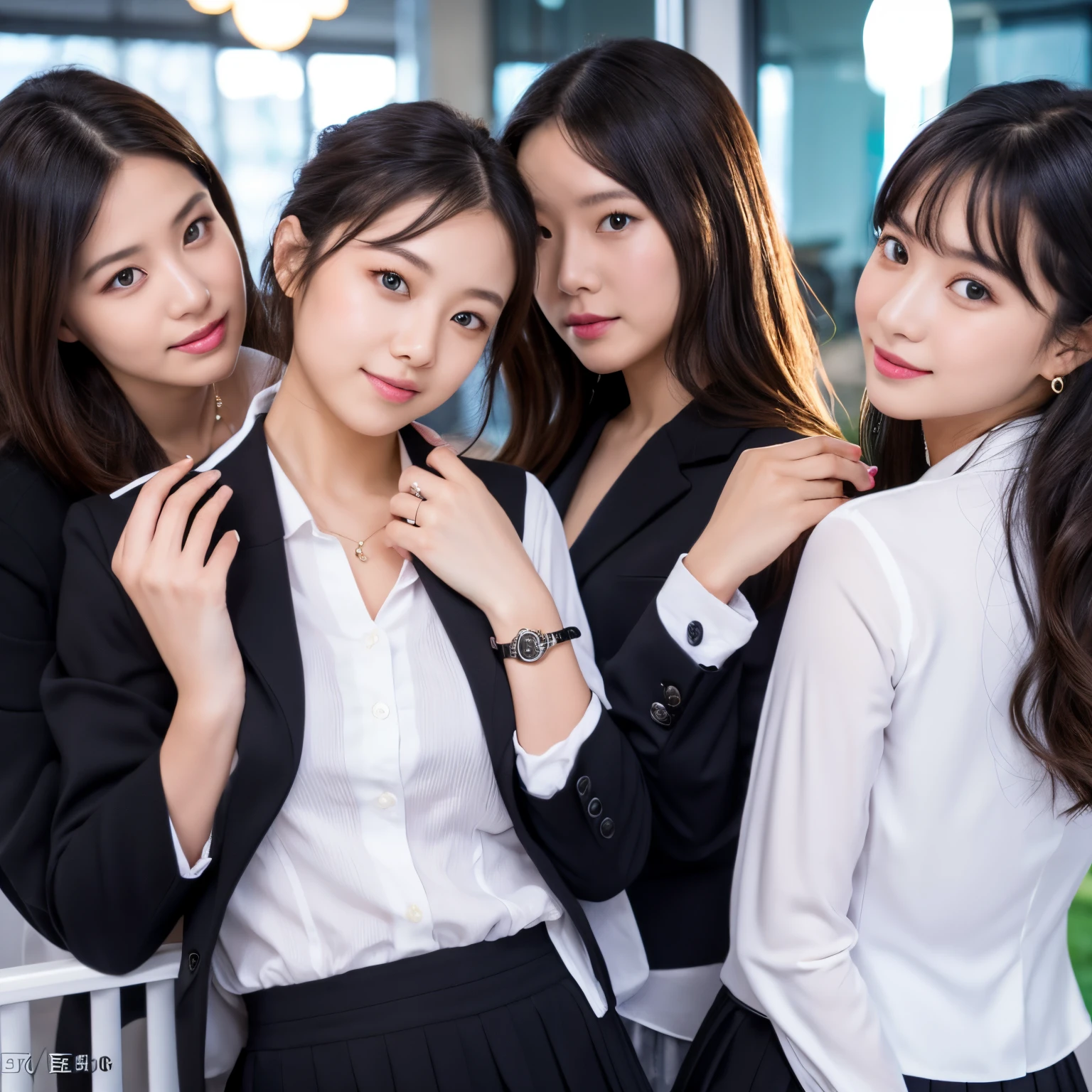 of the highest quality, masutepiece, 4 girls, Beautiful face, (photorealistic photos:1.3), Rim lighting, (High Detail Skin:1.2), 8K UHD, Digital SLR, High quality, High Definition, 4K, 8K, Bokeh, (Real: 1.3), a small face, four cute girls, Black formal blazer, middlebreast, Short skirt,Office,same person,twinsies,Quadruplets