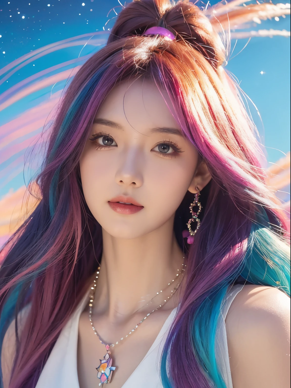 Close-up of a woman with colorful hair and necklace, Cosmic hair anime girl, RossDraws soft vibrancy, Guviz-style artwork, fantasy art style, Colorful], Vibrant fantasy style, Rossdraws cartoons are full of energy, cosmic and colorful, guweiz, Colorful digital fantasy art, stunning art style, beautiful anime style, glowing hairs