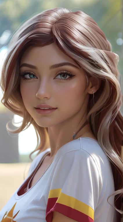 (Obra maestra, La mejor calidad, fotorrealista, Altas Resoluciones, Cinematographer, :1.3), Foto selfie de la parte superior del cuerpo, foco nítido, 1 chica morena, Chica europea, Modelo caliente, diafragma, Ojos berdes y pupilas altamente detallados, Piel realista, Forma delgada del cuerpo, escote, cabello extremadamente detallado, They are smiling, sexy, ((Camiseta con cuello en V)), interior, ((realista, super-realistic, realismo, Detalles realistas)) sunset shimmer , mlp , lindo maquillaje labios rojos