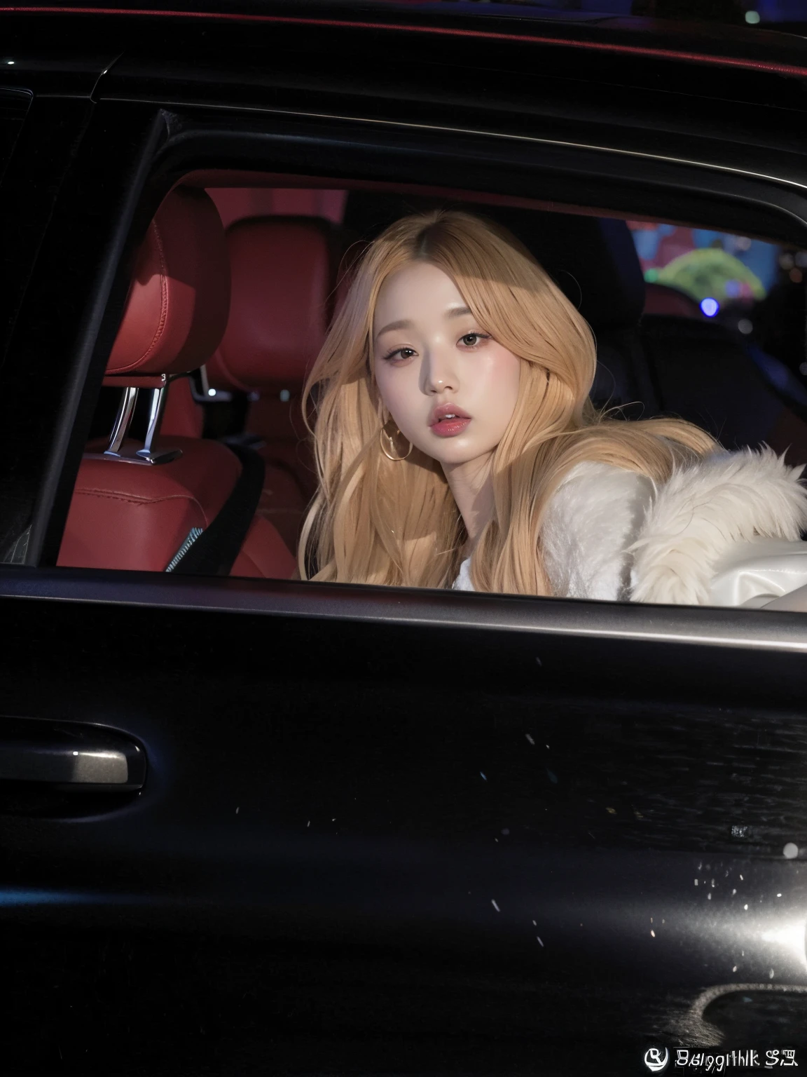 Mujer araffada en un coche con un abrigo de piel., sentada en su auto, Parque Roseanne de Blackpink, Al estilo de Petra Collins, Ava Max, Cl, Jinyoung Shin, Petra Collins, Taejune Kim, Jossi de Blackpink, Retrato de Jossi de Blackpink, pale skin curly blond hair, tiene el pelo rubio, con el pelo largo y blanco, JIA