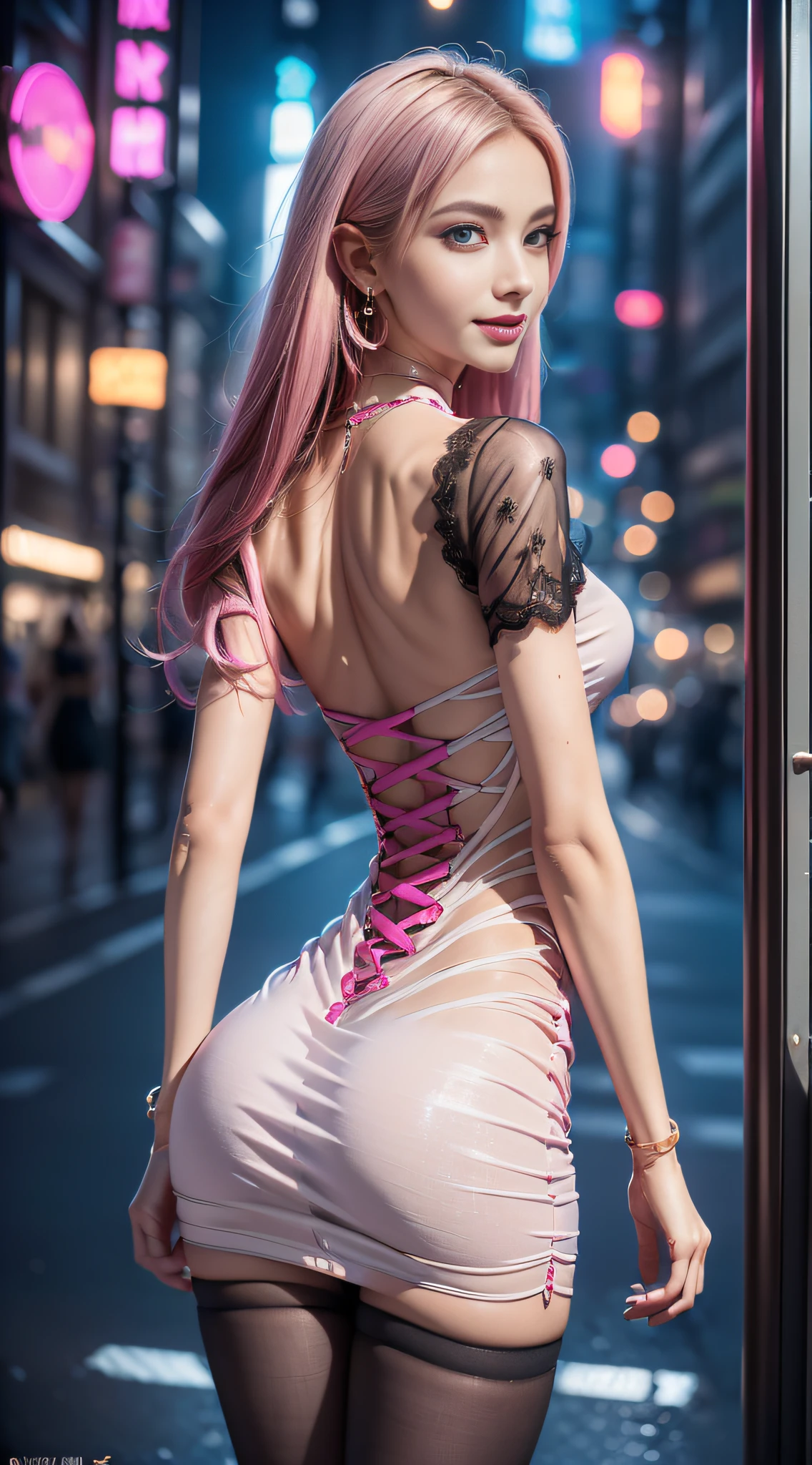 8k, masterpiece, RAW photo, (best quality, detail:1.3),photorealistic, extremely detailed CG unity 8k wallpaper, professional photography, ((Hyperrealism:1.2)), (focus sharpness:1.2), Depth of field, Cinematic Light, Lens Flare, Ray tracing, (extremely beautiful face, beautiful lips, beautiful eyes), intricate detail face, ((ultra detailed skin)), 1girl, in the dark, deep shadow, pretty girl, with a perfect body, (perfect proportions), (((anatomically correct))), accurate textured skin, (very slim slender fit-muscled body:1.18), ((looking at viewer)),(big smile), (tight mini dress), (shot sleeve) , (city night, (neon sign), (night), earrings, bracelets, necklace, pantyhose, clear eyes, walking , (pale skin), face forward, (big eyes), ((upper body shot)), tight-fitting dress, silk dress, laced dress, ((Tight lace-up dress)), (Midi dress), (see through dress), turning back, back shot, very slim, slander, blond twin drills hair, magenta color dress, tight ultra mini skirt