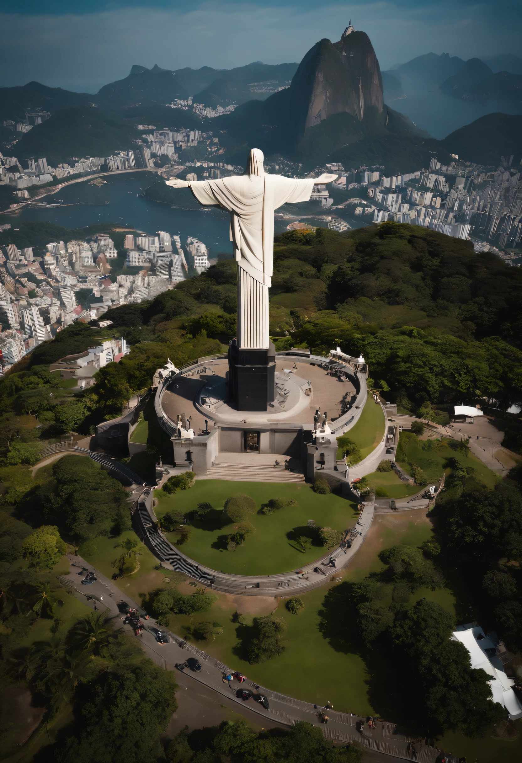 Christ the Redeemer seen from a helicopter、4K、8K、masutepiece、Highly sheep-like video、solemnity、(((Sunnyday)))、mare、house that looks small、A hill、Overhead view、Helicopter cockpit、