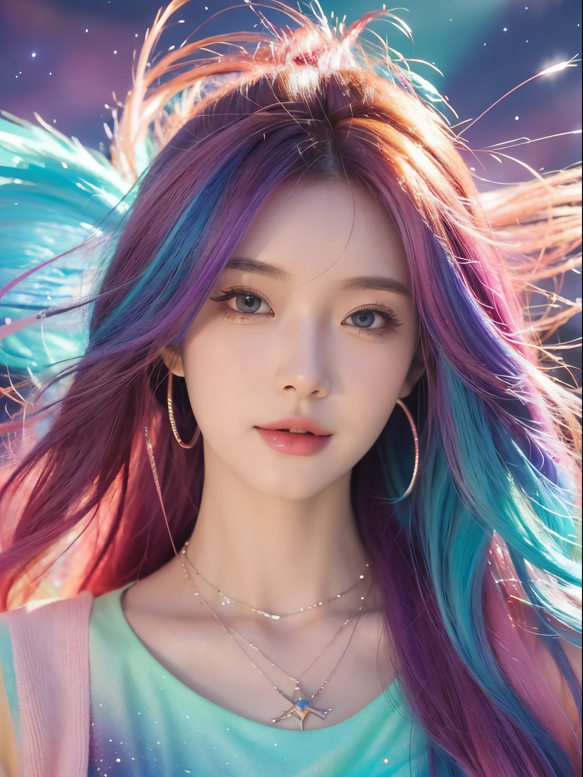 Close-up of a woman with colorful hair and necklace, Cosmic hair anime girl, RossDraws soft vibrancy, Guviz-style artwork, fantasy art style, Colorful], Vibrant fantasy style, Rossdraws comics are full of energy, cosmic and colorful, guweiz, Colorful digital fantasy art, stunning art style, beautiful anime style, glowing hairs