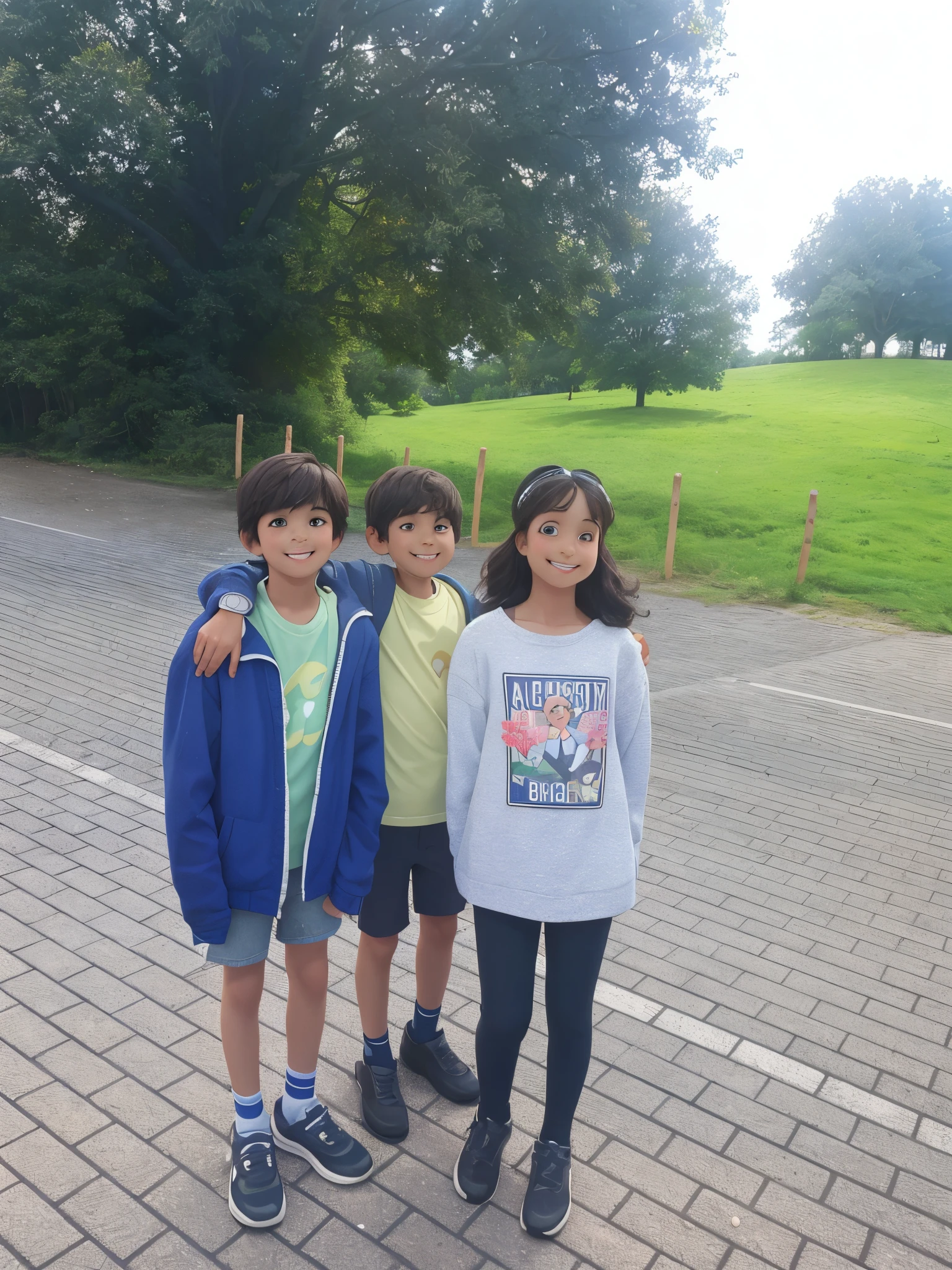 masterpiece, best quality, two  boys and a ten yearsing for a photo outdoors. They are wearing casual clothing and are smiling. The background includes trees and a clear sky., (Pixar and Disney inspired),(vibrant colors),(soft lighting)