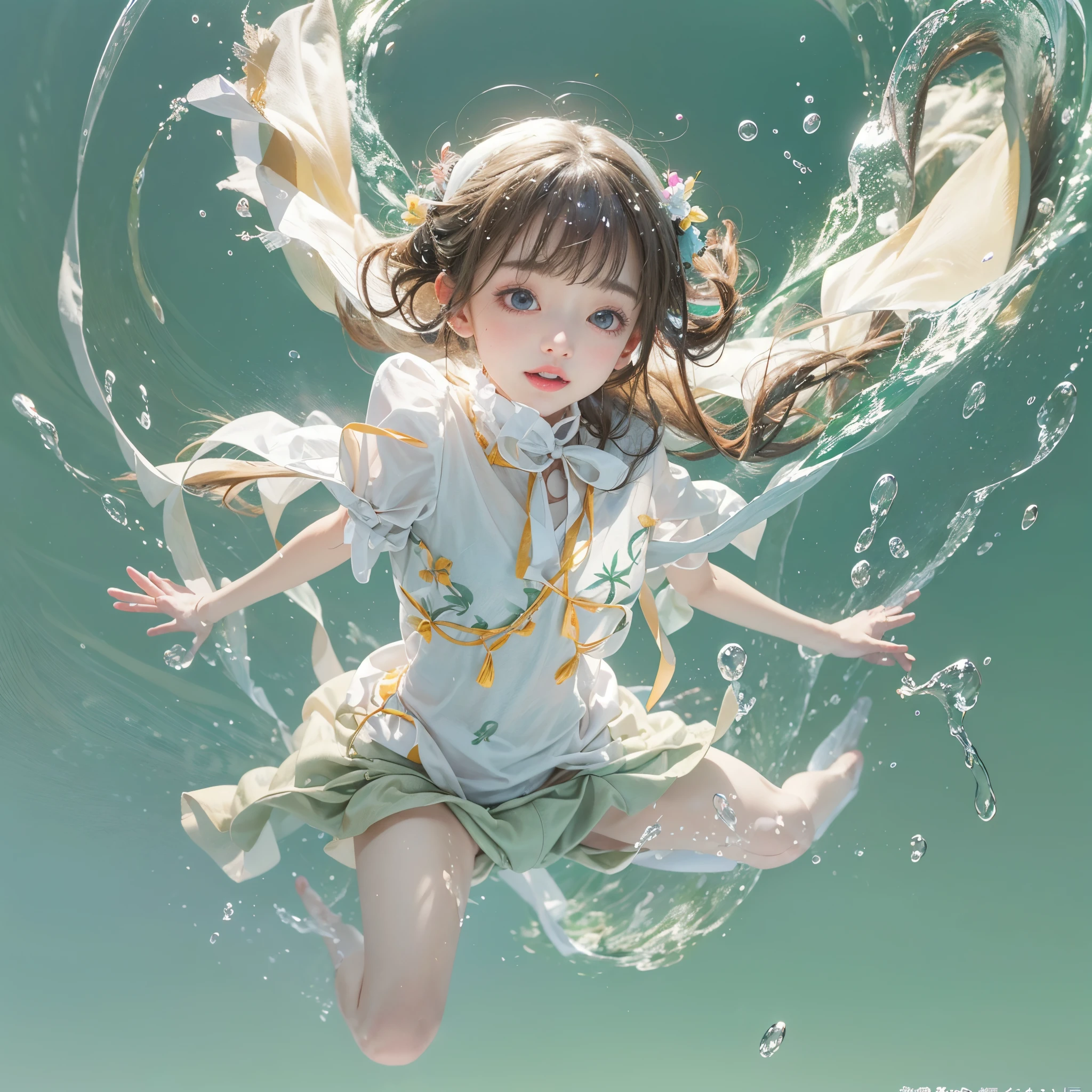 (8K, Original photography, Top image quality, masterpiece: 1.4), hyper HD, (Realistic, 真实感: 1.48), realisticlying, A high resolution, softlighting. Tiny Girls, girl jumping into the water、Falling、splash water、shout、Luminous water surface、White and Vivid colors, back lighting, glistening ivory skin, sparkling highlights, Detailed KAWAII face with cute lips, long eyelashes, Delicate clothes, Detailed open crotch, Whole Body proportions and all limbs are anatomically accurate .