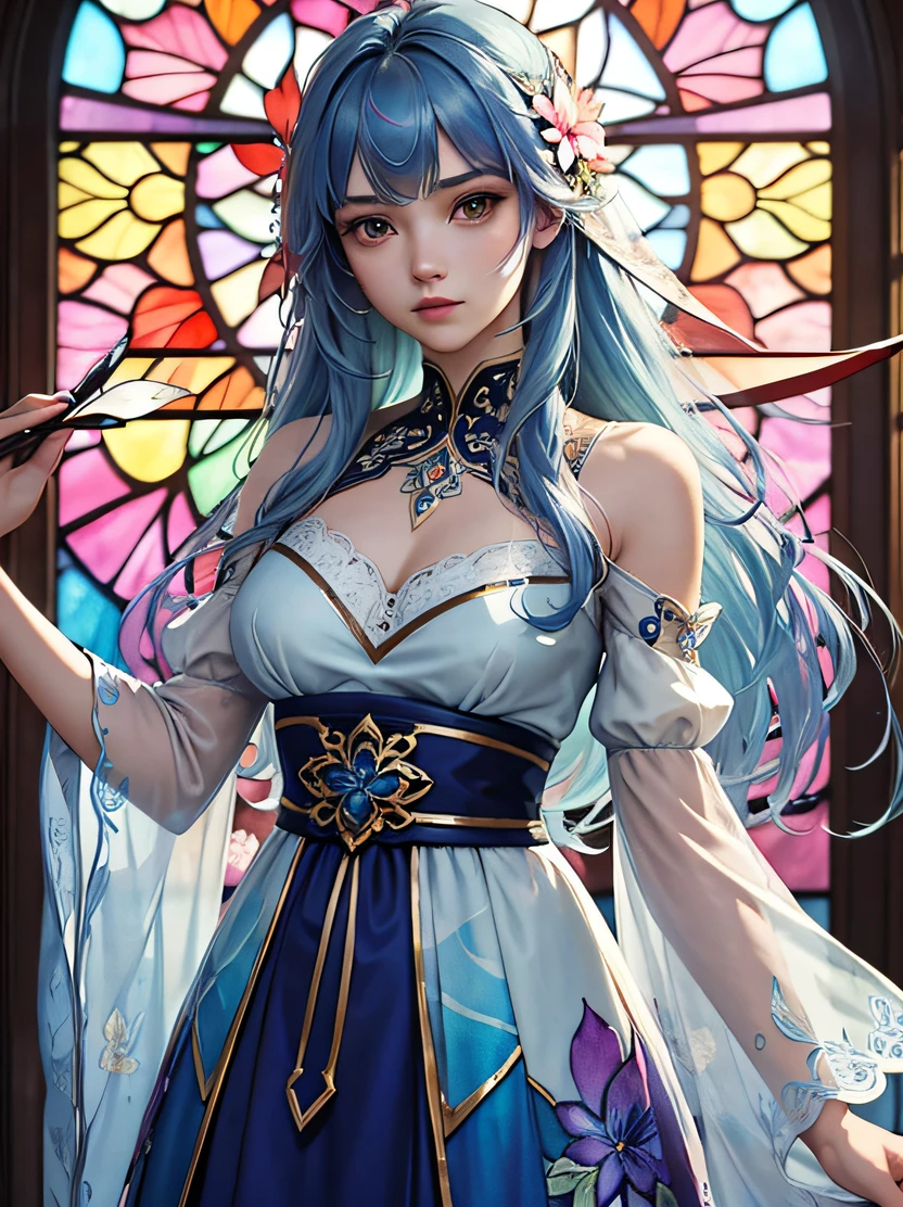 ((masterpiece、top-quality))、High contrast、High color saturation、Tideplay、Luxley、split-colored hair、the wind、Flying petals、Stained glass with intricate and delicate decorations、2D、line-drawing、watercolor paiting、ink watercolor、Random colored hair、Super long hair、Wave、1girl in、alraune、florals、Detailed hand depiction