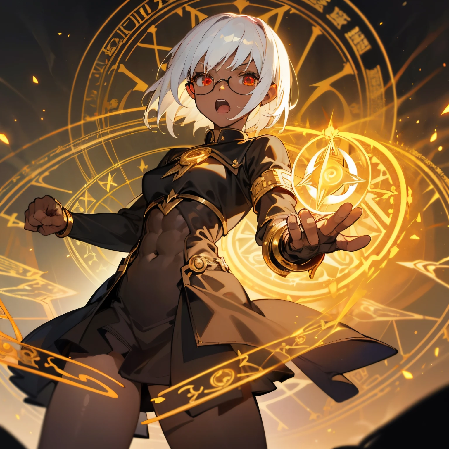 masterpiece,ultra detailed,high quality,girl,(glasses),((white hair)),(short hair),((black inner)),((((many magic circle)))),(((black dress))),((gold gauntlet)),1girl,solo,((black tights)),((red eyes)),((opened mouth)),((cowboy shot)),(((abs,muscle))),((dark skin)),angry,((shining body)),((gold aura)),(((shining fist))),from below,((punching)),((spark)),((magic circle)),((Thunder)),((shout,scream))