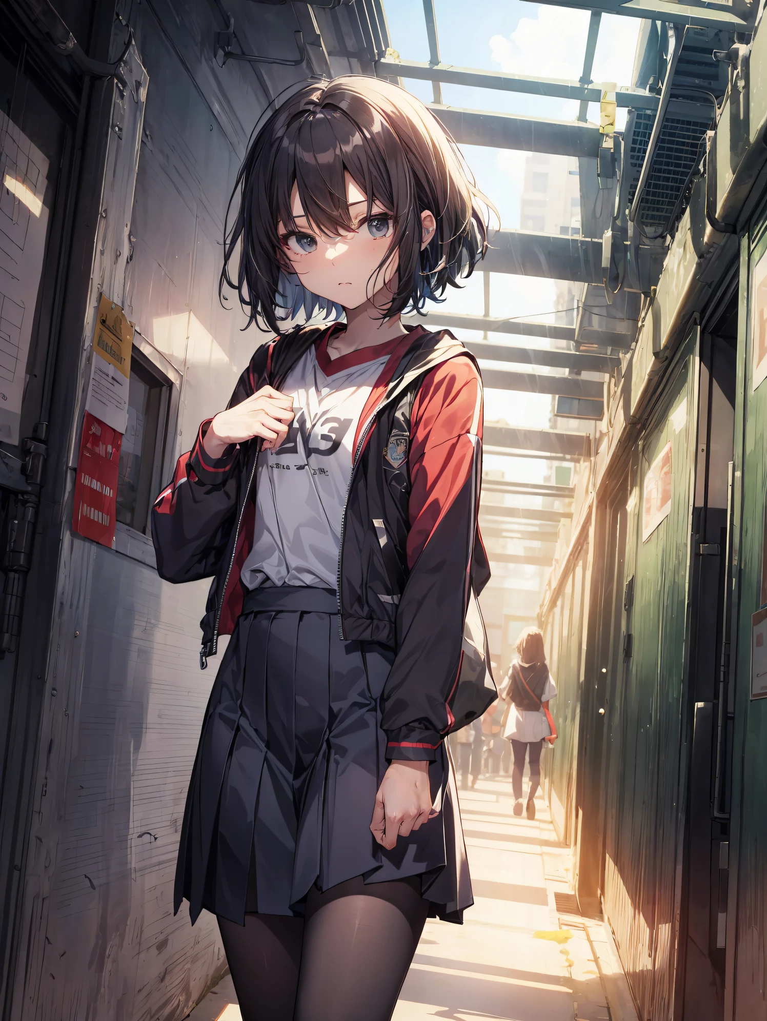 Creator qualities, Ultra-detailed, anime moe art style,Best Anime 8K Konachan Wallpapers,Pixiv Contest Winner,Perfect Anatomy, (Draw a girl sleepily walking to school. ),BREAK, 1girl in, (Solo,Lori,child,13years:1.3),a junior high school student, Androgynous attraction, (Very short hair),hair messy, Full limbs, complete fingers,flat chest, Small butt, groin, Small eyes,Precise black eyes,disgusted eye, School uniform, Skirt,On the way to school. BREAK,High resolution,super detailed skin, Professional Lighting, (cool illustration:1.2),