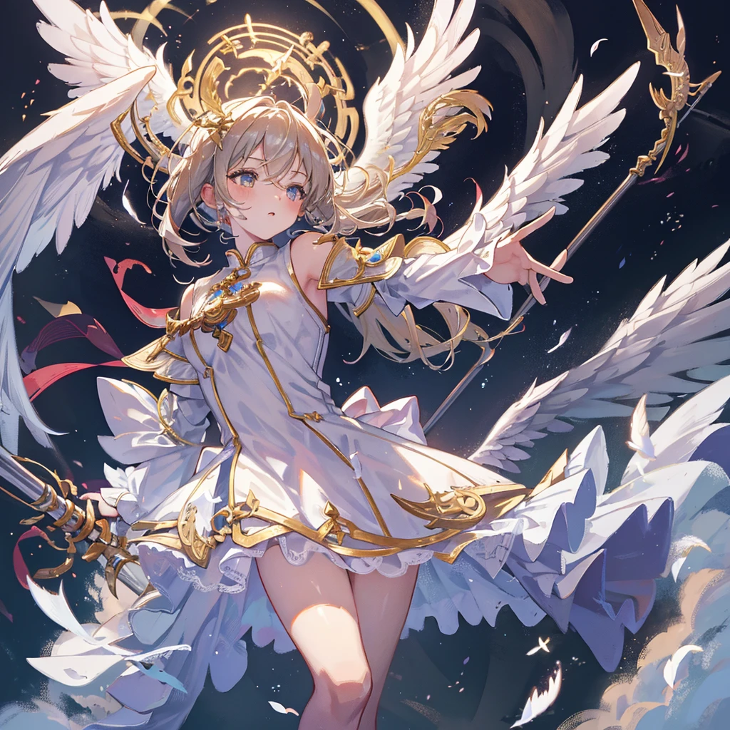 (masterpiece), (best quality), (detailed), light layer, lustrous skin, (intricate detailed , taut clothes, , demon wings,hair ornament :1.2), from above, black hair, black choker, long hair, hime cut, woman, blunt bangs, sidelocks, red eyes, holding quarterstaff,holding scythe,holding sword, (mature female:1.1), [uncensored, NSFW, nipples], side-ponytails  (simple background:1.1),