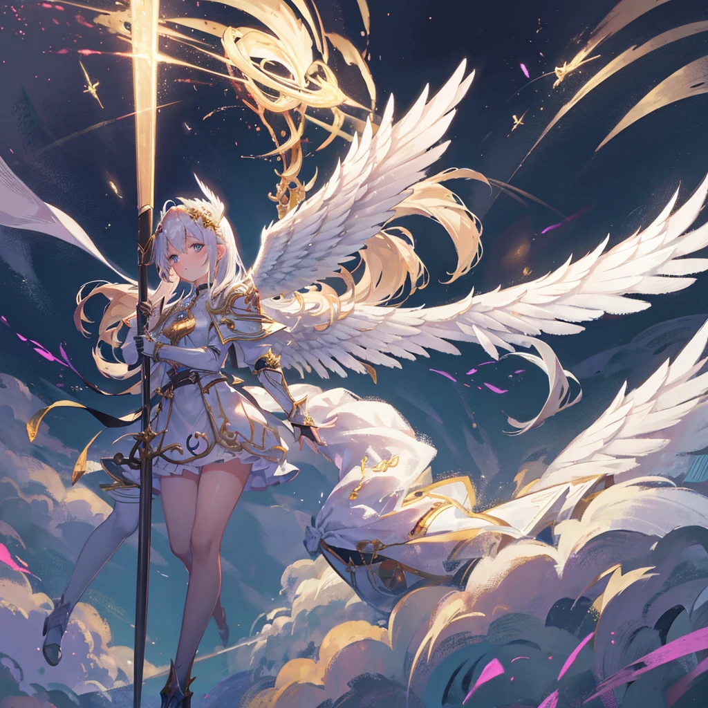 nimbus, 2 wings, Angelic appearance, A girl, priest, magic priest's staff, Leather armor, Sacred symbol