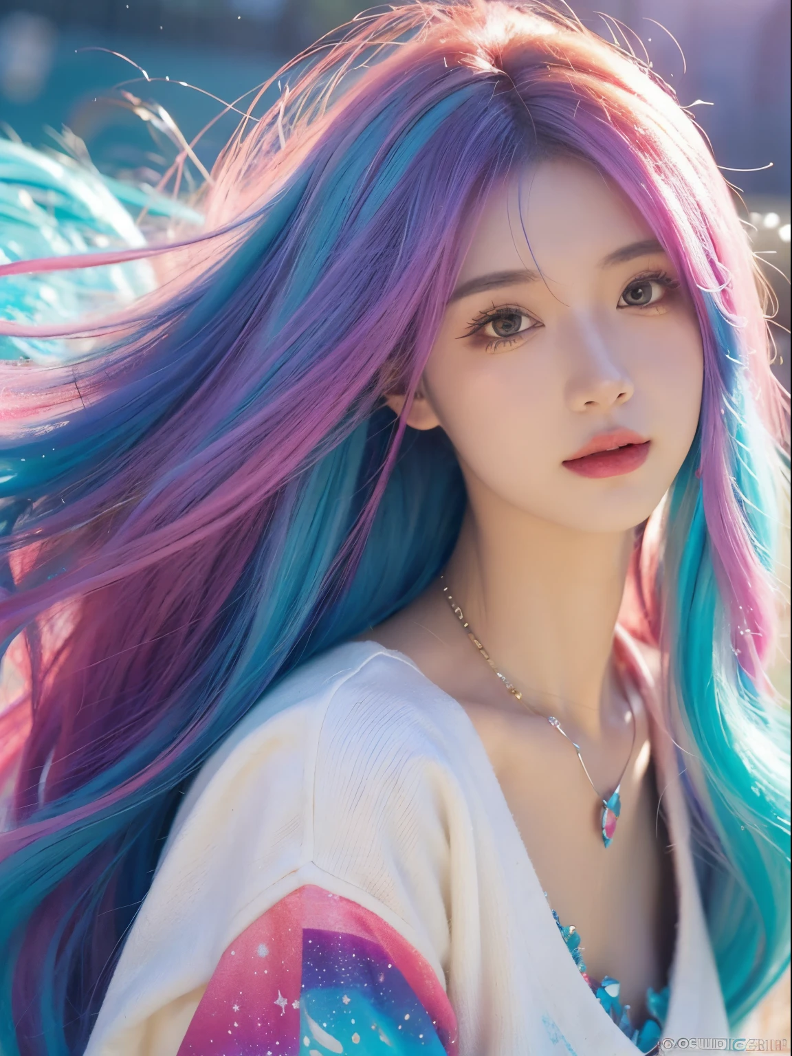 Close-up of a woman with colorful hair and necklace, Cosmic hair anime girl, RossDraws soft vibrancy, Guviz style artwork, fantasy art style, Colorful], Vibrant fantasy style, Rossdraws comics are full of energy, cosmic and colorful, guweiz, Colorful digital fantasy art, stunning art style, beautiful anime style, glowing hairs