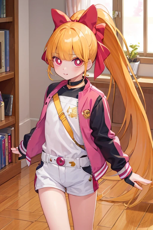 1girl, ppgzmmk, long hair, blonde hair, hair bow, blunt bangs, ponytail, red eyes, bright pupils, (change suit ), cute, in room