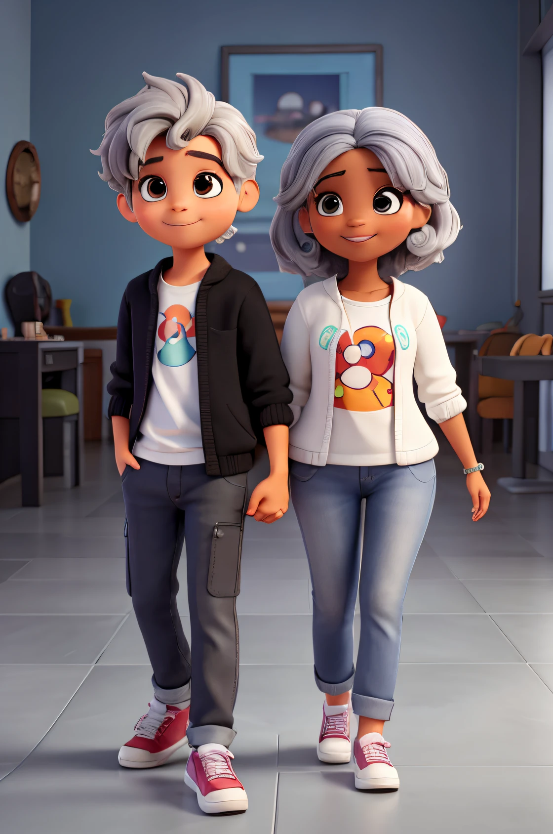 estilo disney pixar de una pareja  de esposos de la adultos  de nombre betty con cabello gris ondulado corto de ojos color miel grandes cara redonda con una sonrisa sutil  de tes clara con una chompa de color crema un chaleco color negro pantalon negro zapatos clasicos de color negro modesto  defrenteampliacararedonda poco cabello gris  ojos rasgados de color miel  gordito de camisablancachaleconegropantalonplomocalzadosnegro ABRAZADOS