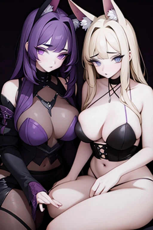 A purple haired wolf woman with purple eyes and wolf ears is sitting next to a blonde haired female knight with teal eyes.