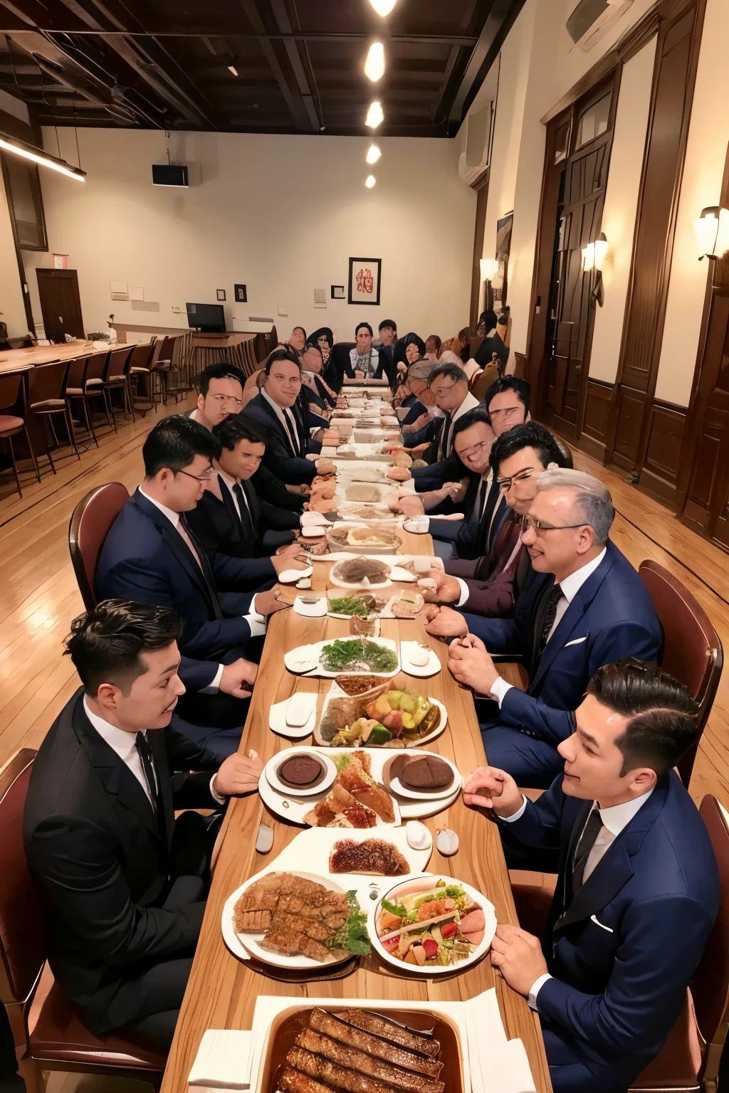 in 8K、超A high resolution、Best Quality、masutepiece、With beautiful images、(((Several men in suits are eating around a large table.)))、pork meat、Scenery of grilled meat