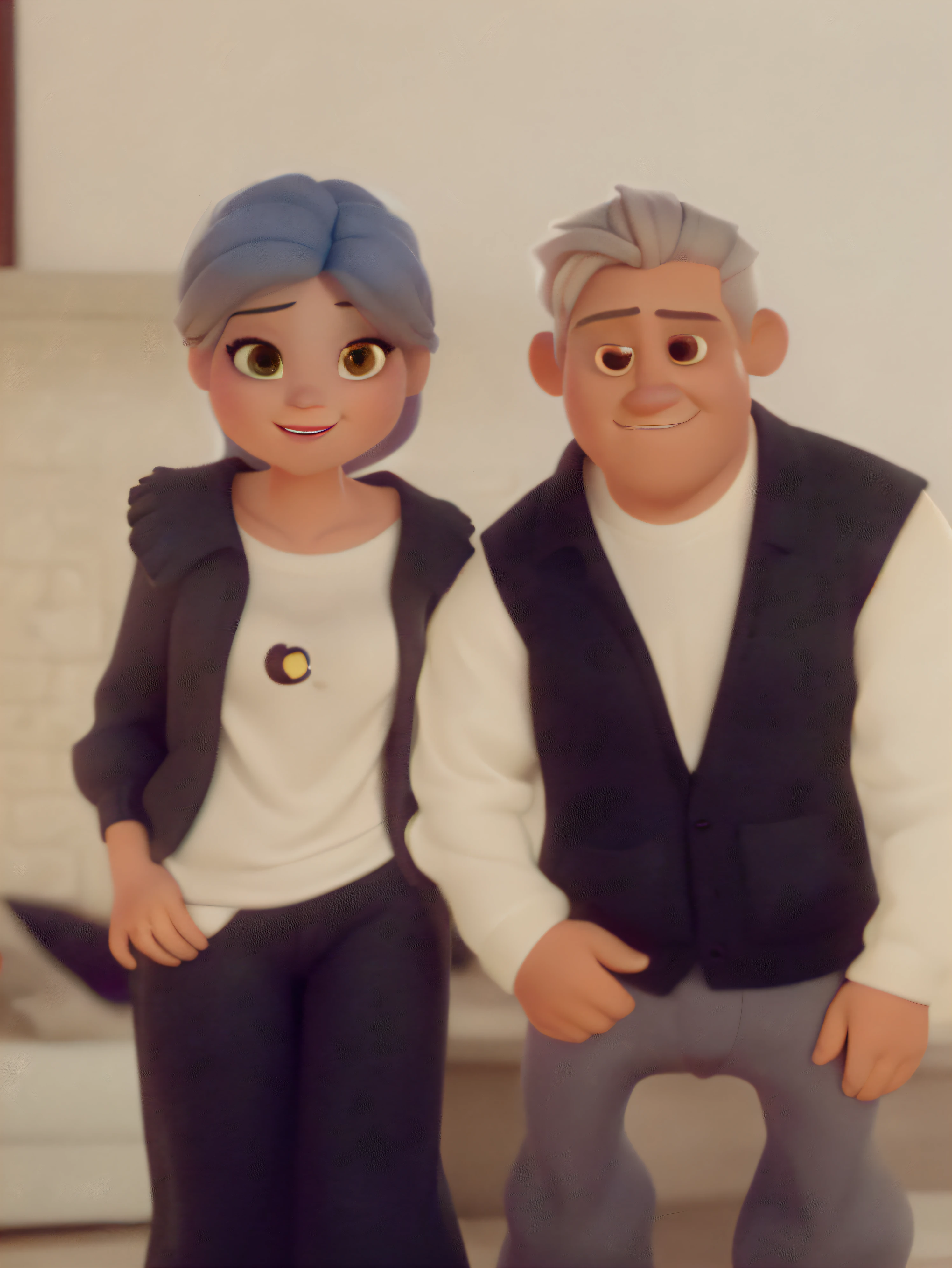 estilo disney pixar de una pareja de esposos de la adultos de nombre betty con cabello gris ondulado corto de ojos color miel grandes cara redonda con una sonrisa sutil de tes clara con una chompa de color crema un chaleco color negro pantalon negro zapatos clasicos de color negro modesto defrenteampliacararedonda poco cabello gris ojos rasgados de color miel gordito de camisa blanca chaleco negro pantalon plomo calzados negro ABRAZADOS