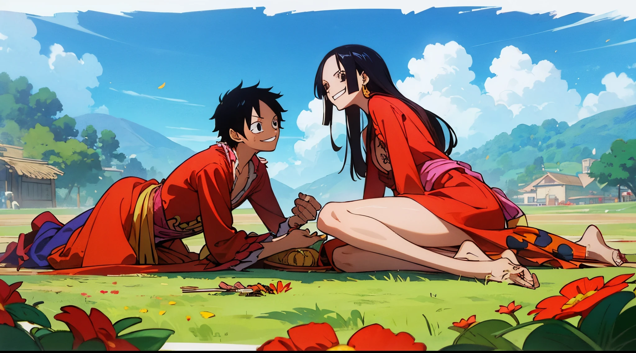 couple, Monkey d Luffy, Boa Hancock, 1girl, 1boy, laying on the grass, smile, laugh, romantic atmosphere, behind the flower, flower field, blue sky, landscape, onepiece