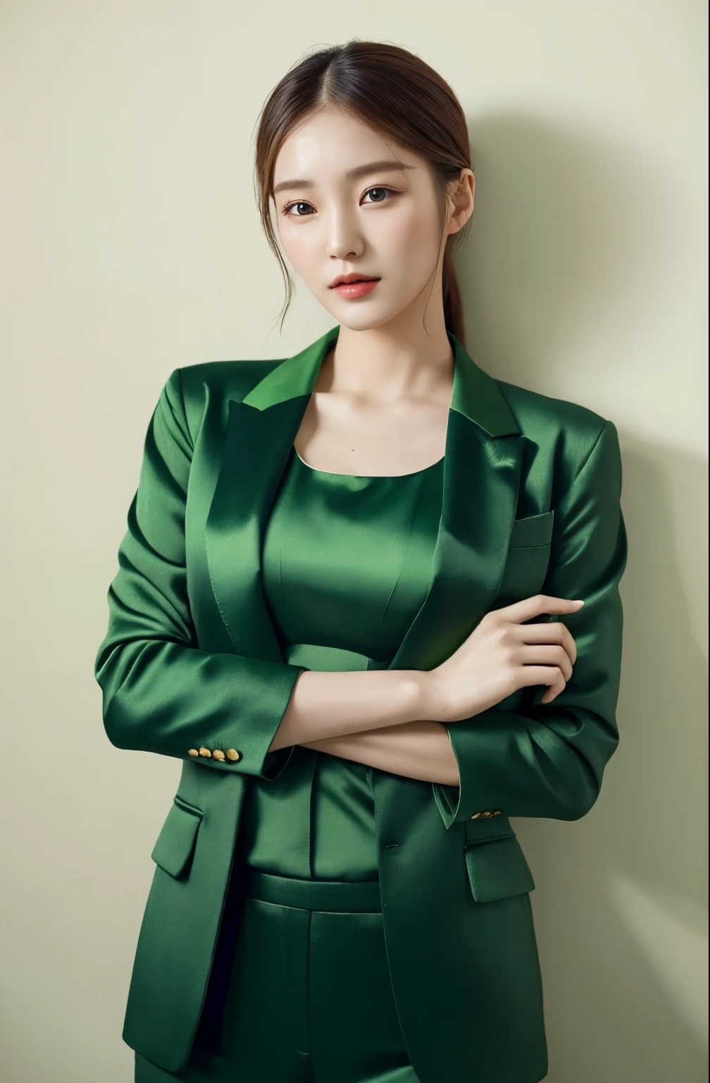 Chinese lady in green suit posing for photo, wearing green suit,satin suit,light green suit,Korean fashion model, girl in a suit, lee ji eun, Lee Ji-eun, female actress from korea,