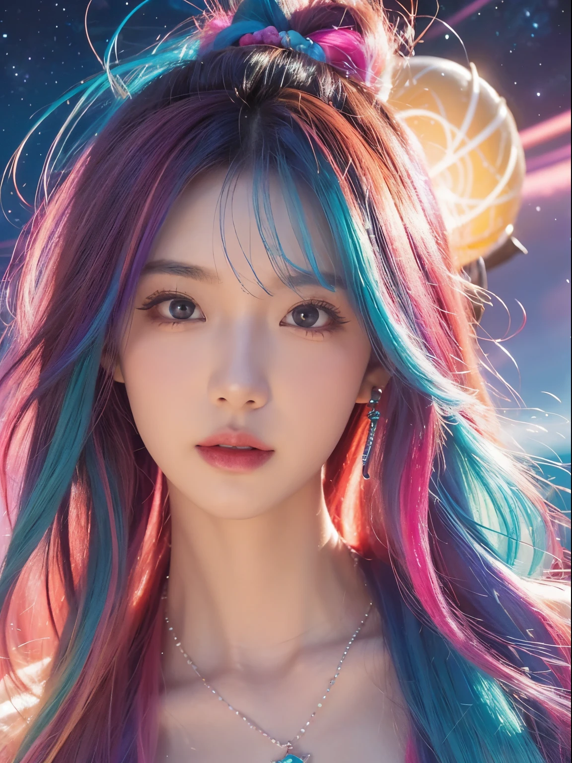 Close-up of a woman with colorful hair and necklace, Cosmic hair anime girl, RossDraws soft vibrancy, Guviz style artwork, fantasy art style, Colorful], Vibrant fantasy style, Rossdraws comics are full of energy, cosmic and colorful, guweiz, Colorful digital fantasy art, stunning art style, beautiful anime style, glowing hairs