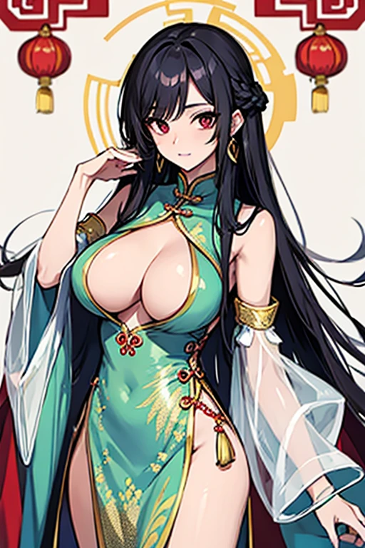 Chinese transparent silk dress, hair adornments, necklace, jewelry, Long hair, Earrings, Chinese clothes, Big boobs
