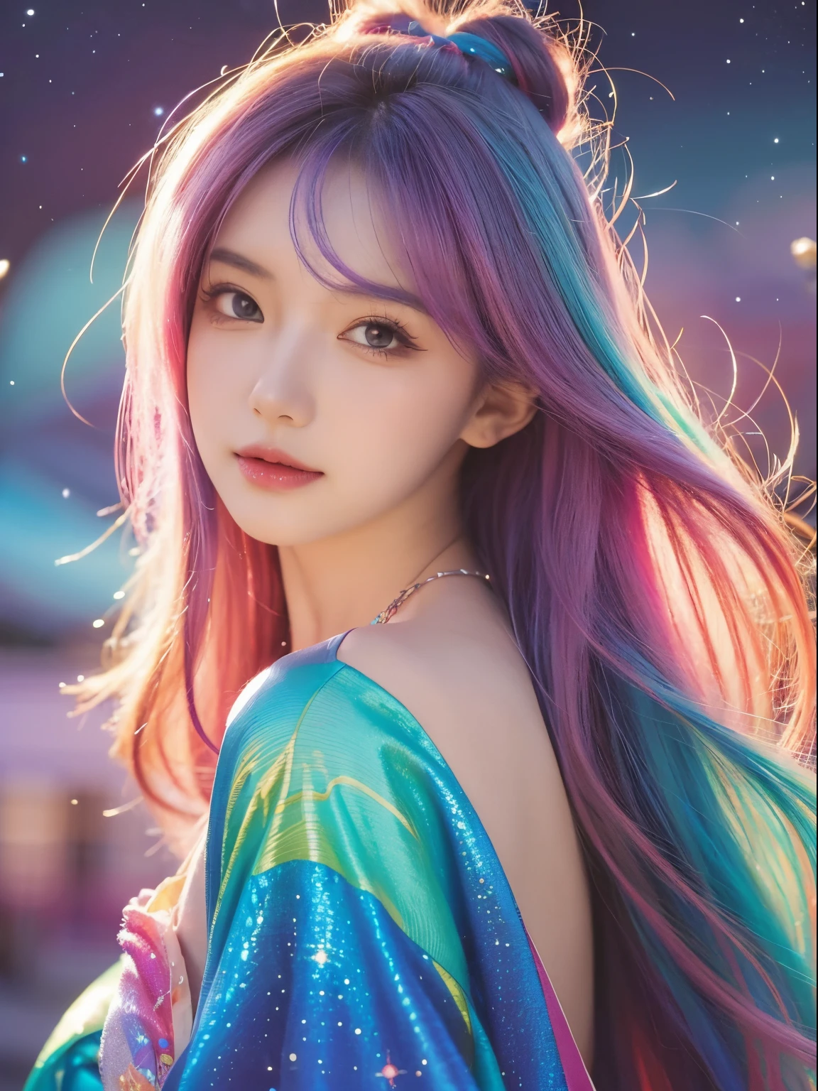 Close-up of a woman with colorful hair and necklace, Cosmic hair anime girl, RossDraws soft vibrancy, Guviz style artwork, fantasy art style, Colorful], Vibrant fantasy style, Rossdraws comics are full of energy, cosmic and colorful, guweiz, Colorful digital fantasy art, stunning art style, beautiful anime style, glowing hairs