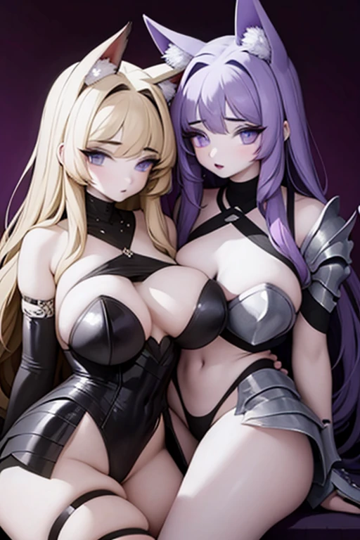 A purple haired wolf woman with purple eyes and wolf ears is sitting next to a blonde haired female knight with teal eyes in armor