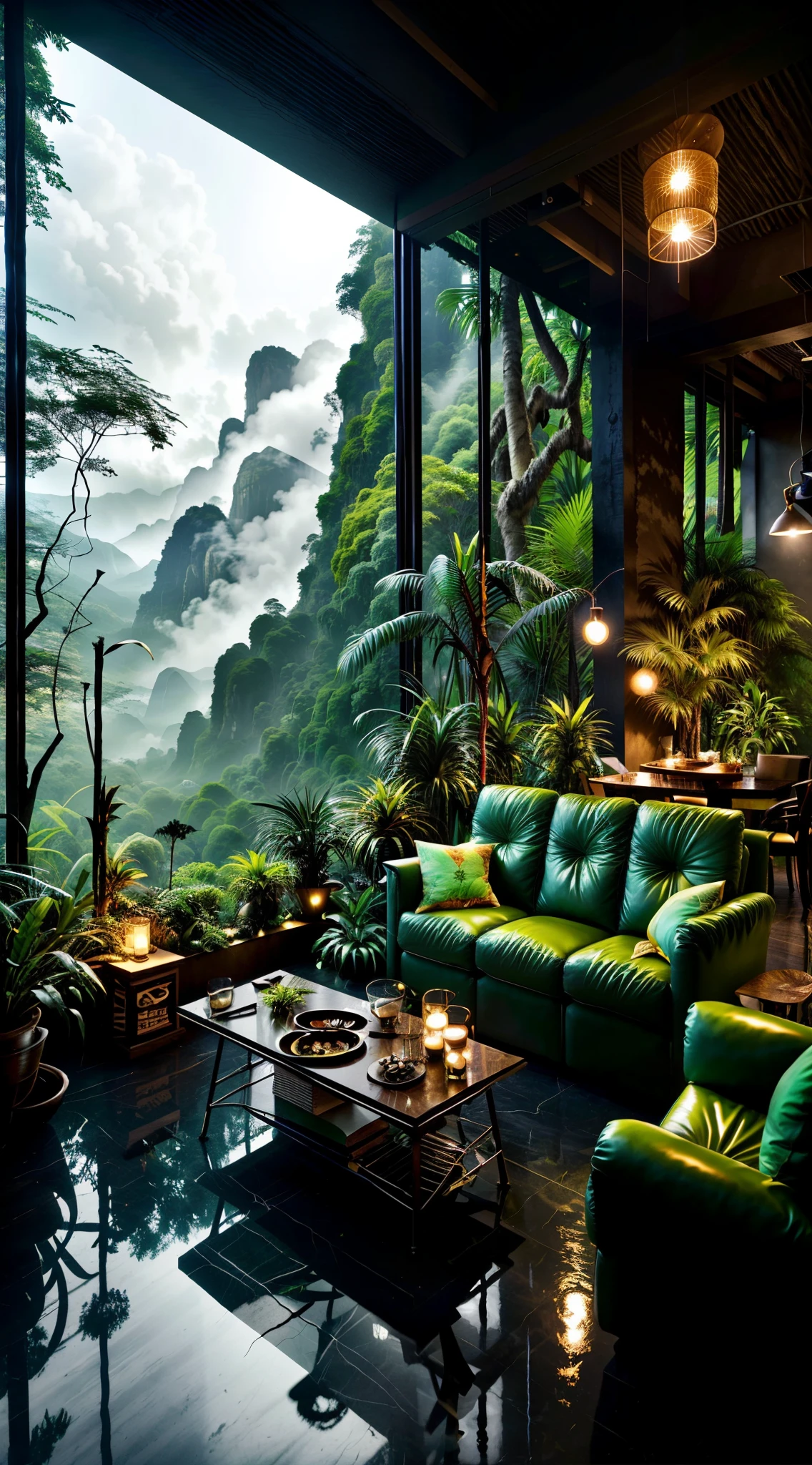 Living room offers mountain and forest views, Mountain jungle environment, jungle setting, ca《bladerunner》scene , magical ambiance, Hyper-realistic dark painting, in a jungle environment, pleasant environment, Cloud forest, beautiful jungle, Moody environment, dense jungle, in alien jungle, plants and jungle, Rainforest Mountain, relaxing environment