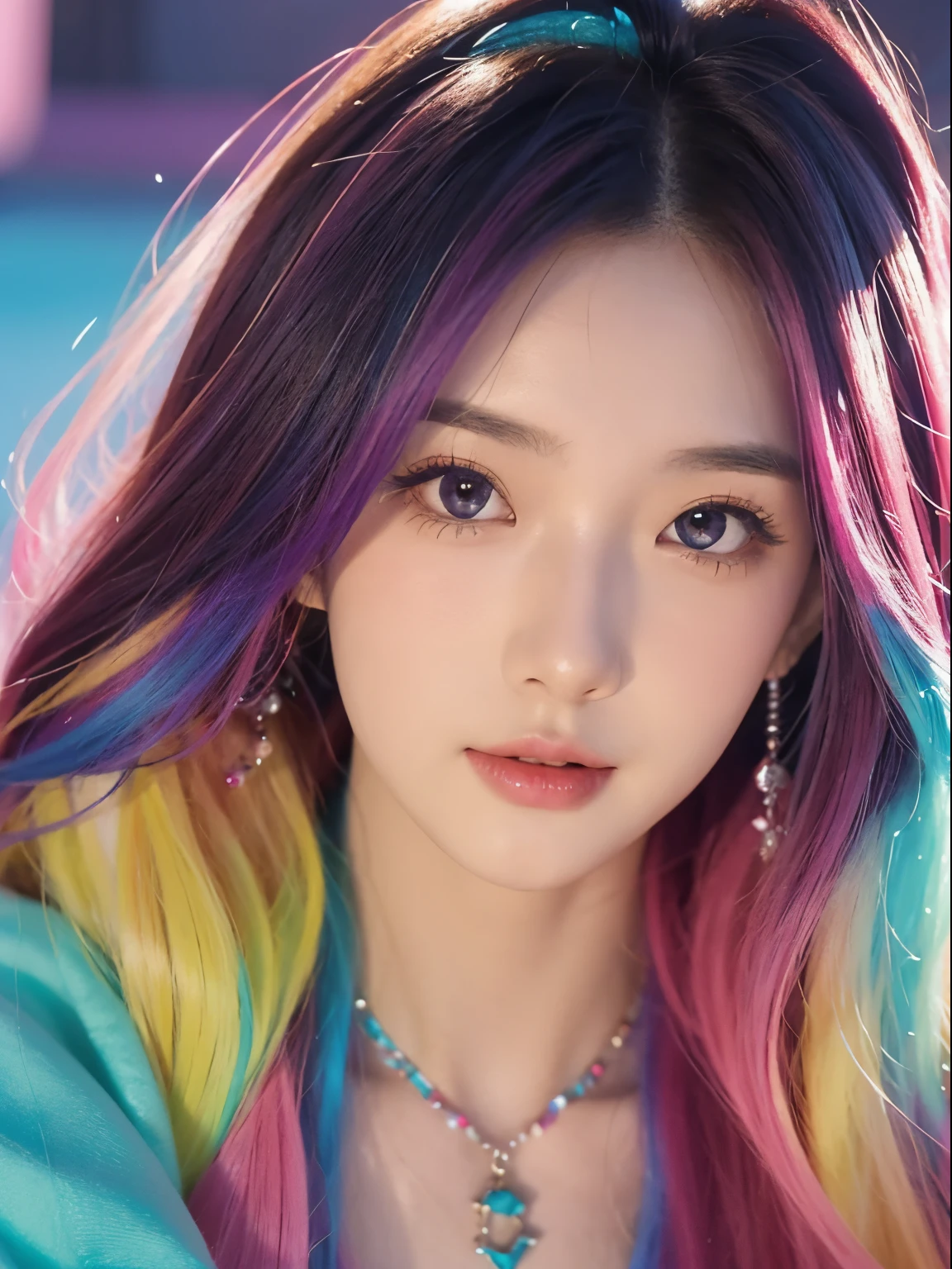 Close-up of a woman with colorful hair and necklace, Cosmic hair anime girl, RossDraws soft vibrancy, Guviz-style artwork, fantasy art style, Colorful], Vibrant fantasy style, Rossdraws comics are full of energy, cosmic and colorful, guweiz, Colorful digital fantasy art, stunning art style, beautiful anime style, glowing hairs