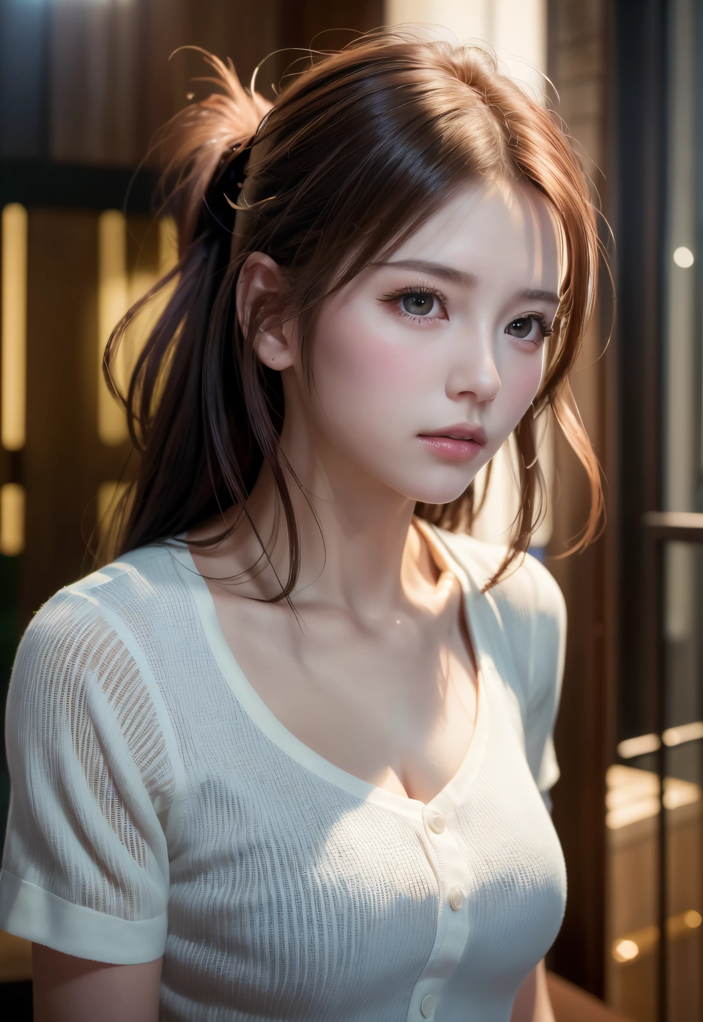8K, of the highest quality, masutepiece:1.2), (Realistic, Photorealsitic:1.37), of the highest quality, masutepiece, Beautiful young woman, Pensive expression, Sweet look, Sexy white shirt、Hair tied back, Messy mood, Cinematic background, Tired, Light skin tone