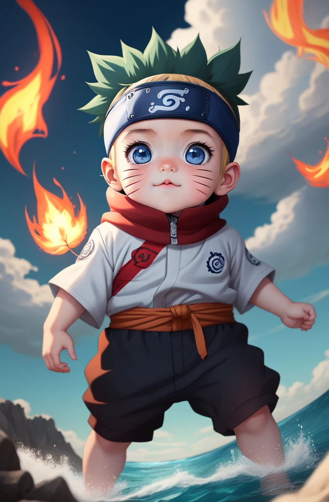 Baby Naruto, 4k anime style, cute chubby face,big butiful blue eyes,leaf vilage head band,flame like cloud in background,red mixed blue reflective ocean, 4k anime art wallpaper, cute  whisker on a face