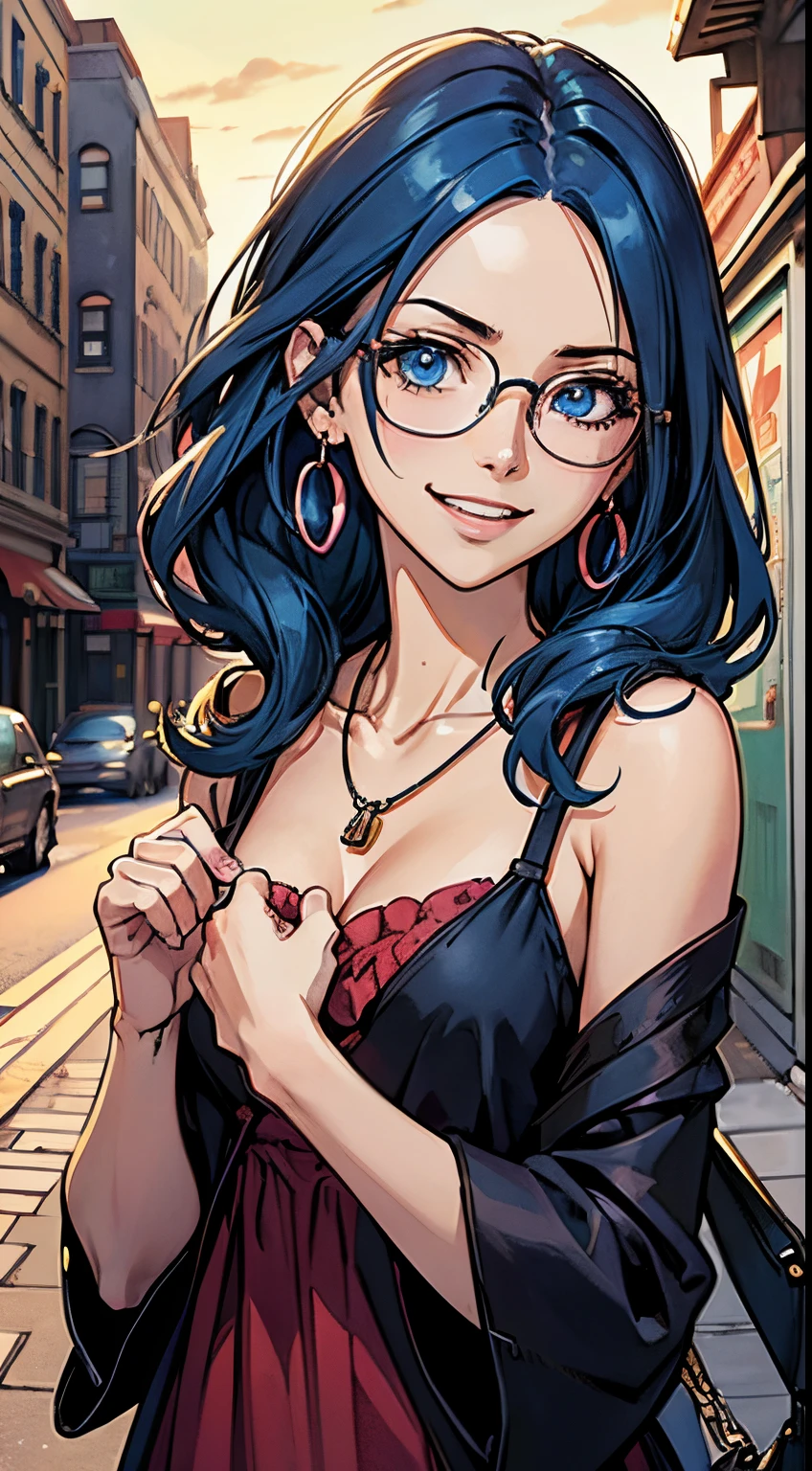 ((masutepiece)), ((Best Quality)), (Ultra-detailed), ((Extremely detailed)), ((UHD)), (8K), Best Quality, (Beautiful), Illustration, watercolor paiting, Anime style, Upper body, Colorful, pop, Focus on the face, city, Town, beautiful women, Solo, neon color, Beautiful BLUE hair, Beautiful dark blue eyes, ((Beautiful eyes)), sidetail, flat breast, tiny chest, Glasses, earrings, Necklace, Laugh Smile,