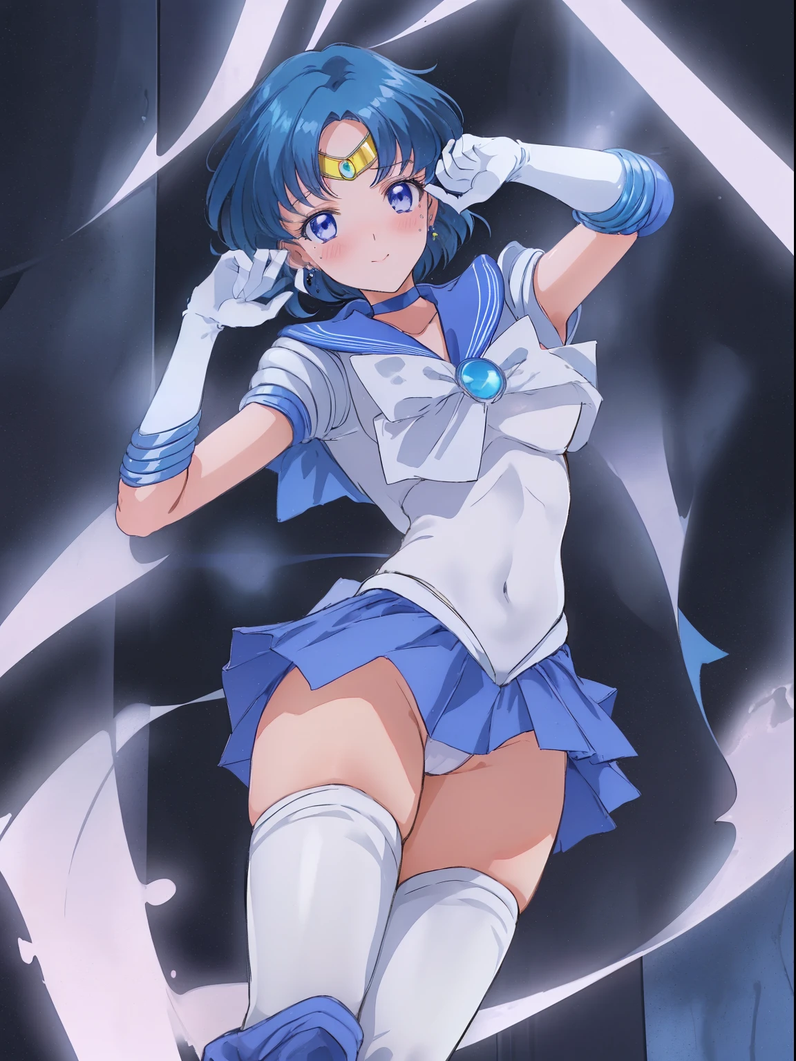 masterpiece, top-quality, hight resolution, 8K, Hi-Res, ultra-detailliert, 1girl in, (Anatomically correct), Full limbs, complete fingers, Slender 18 year old beautiful active girl, Brown-eyed, Slender eyes, A dark-haired, extra very short hair, (Black skin:1.2), (Sailor Moon: 1.3), (white leotard), (Blue sailor color), the bow, (Over-the-knee boots:1.1), a choker, (white glove), Blue choker, (elbowgloves), (a blue skirt), sole、爆乳, Solo, (Curve:1.1), looking down to viewer, Smile on his face, ((From below:1.5)) Looks Back, ((Leaning forward)), seen from back, , lip stick, makeup, less area underwear、Ultra Detail Hair, ultra detail face, (Purple eyes:1.05), Perfect eyes, Perfect face, earrings, (Confused, blush:1.2), , (black thighhighs, Garter Belt:1.1), zettai ryouiki, , high-heels, (Large breasts:1.1), cleavage, Big ass, thighs thighs thighs thighs, Show panties, ((From the hem of the rolled up skirt to the crotch))