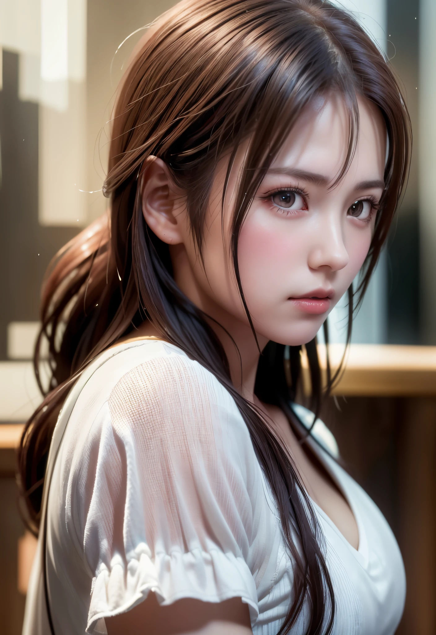 8K, of the highest quality, masutepiece:1.2), (Realistic, Photorealsitic:1.37), of the highest quality, masutepiece, Beautiful young woman, Pensive expression, Sweet look, Sexy white shirt、Hair tied back, Messy mood, Cinematic background, Tired, Light skin tone