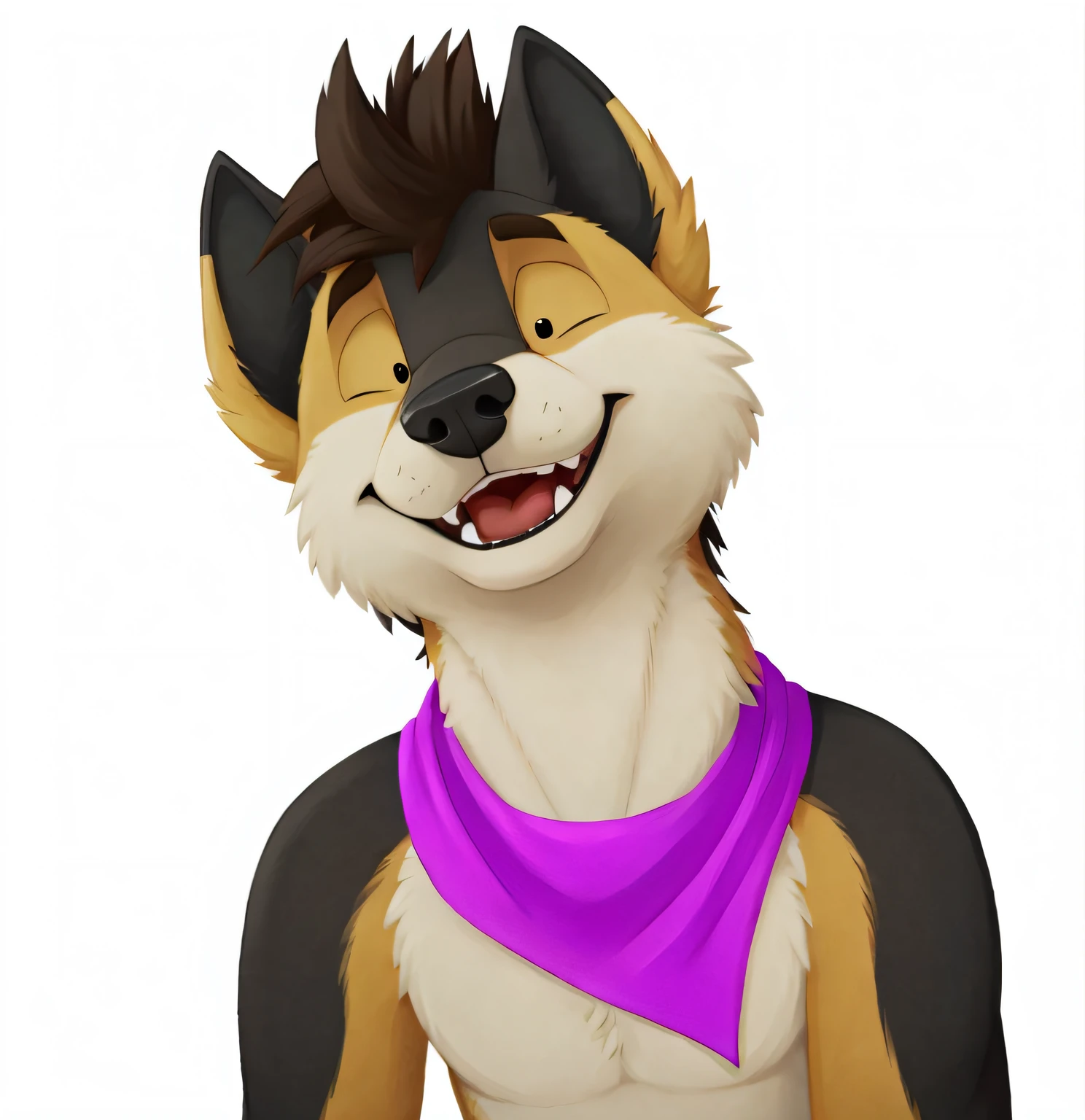 by jishinu, solo, male, german shepherd, purple bandana, black nose, red tongue, open mouth, white teeth, brown hair, spiky hair, standing in the void, very cute