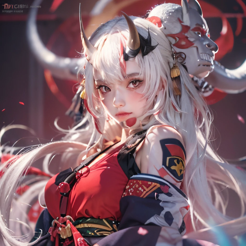 ((masterpiece)), 8k cg, best quality, intricate details, chromatic aberration, ((bust shot)), ((looking at the viewer)), 1girl, ((Character((Nakiri Ayame)), soft smile, closed mouth, soft lips)), ((Sparkly eyes, hyper detailed eyes, extremely beautiful, (((scarlet red eyes))), beautiful eyelashes, makeup, heavy blush)), lens flare, ((an extremely beautiful and delicate portrait, strong facial features, 17 years old, strong cheeks,)), thick eyebrows, horns, ( longwavy hair, ((White Hair color)), Red Highlights, shiny hair), full of life, ((black kimono, hair bell, obi, white thighhighs, bare shoulders, long sleeves, oni mask, mask on head)), ((very small Breasts, small shoulders, hourglass figure, thin neck)), absurdres, cinematic lighting, dynamic lighting, fantasy, ((dark background, fog))